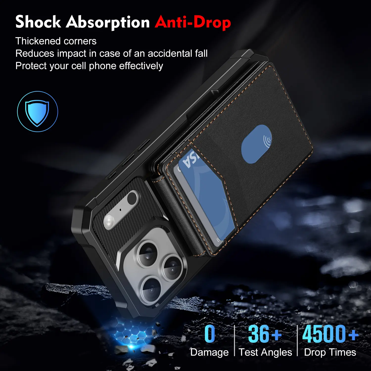 Shock Absorption Anti-Drop  
Thickened corners  
Reduces impact in case of an accidental fall  
Protect your cell phone effectively  

0 Damage  
36+ Test Angles  
4500+ Drop Times