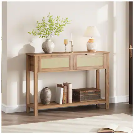 Front. GARVEE - Console Table for Entryway, Rattan Entryway Table with 2 Drawers - Oak.
