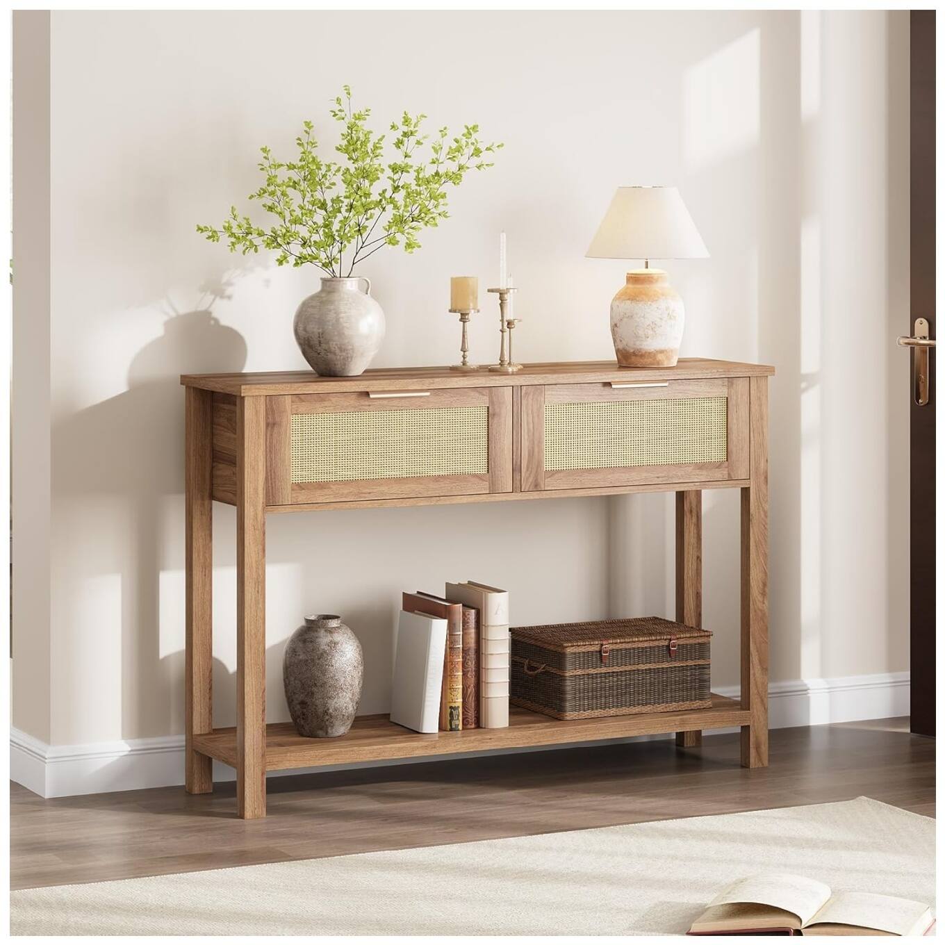 Front. GARVEE - Console Table for Entryway, Rattan Entryway Table with 2 Drawers - Oak.