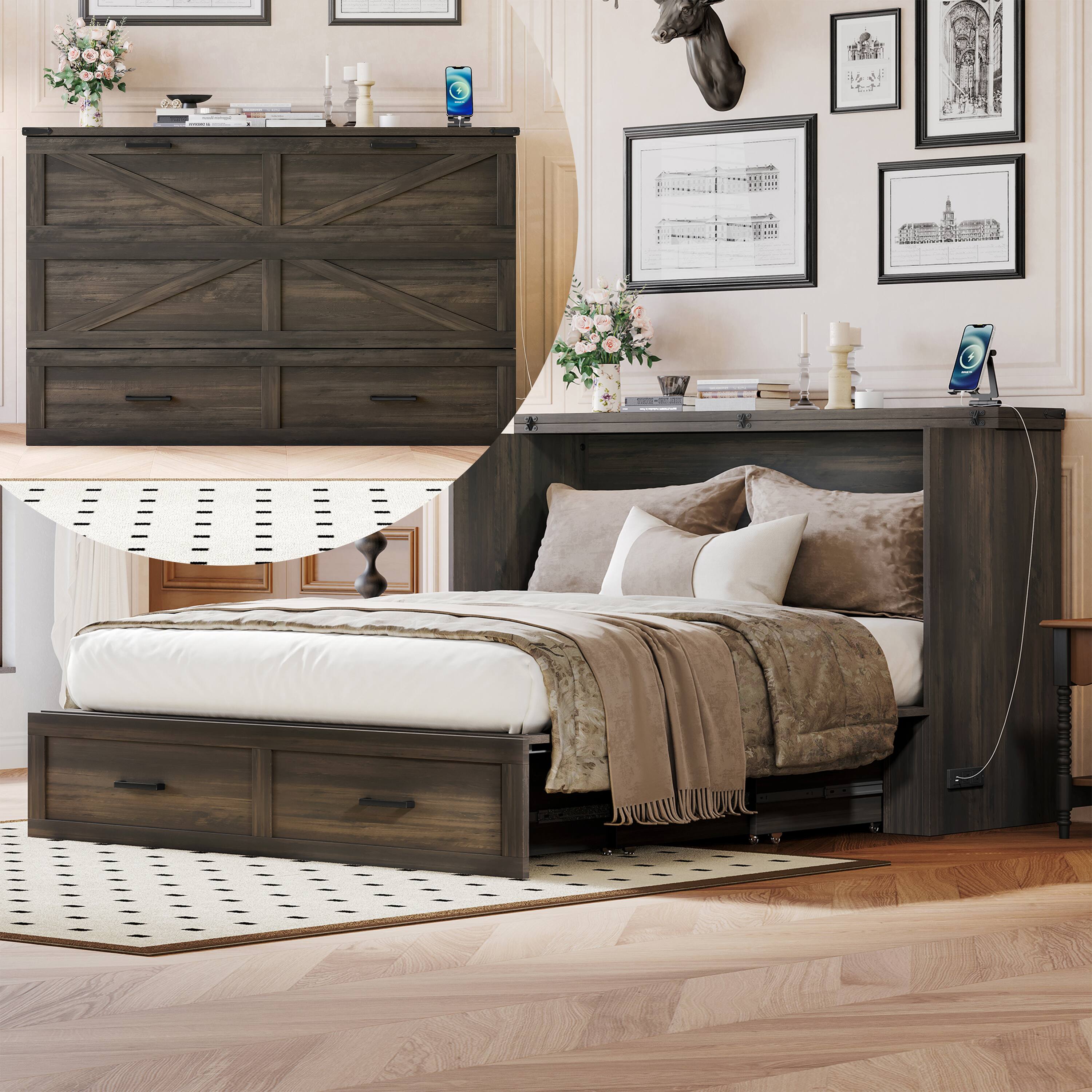 Front. Tiramisubest - Queen Size Murphy Cabinet Bed with Charging Station, Foldable Platform Bed with Large Storage Drawer, Rustic Gray - Gray.