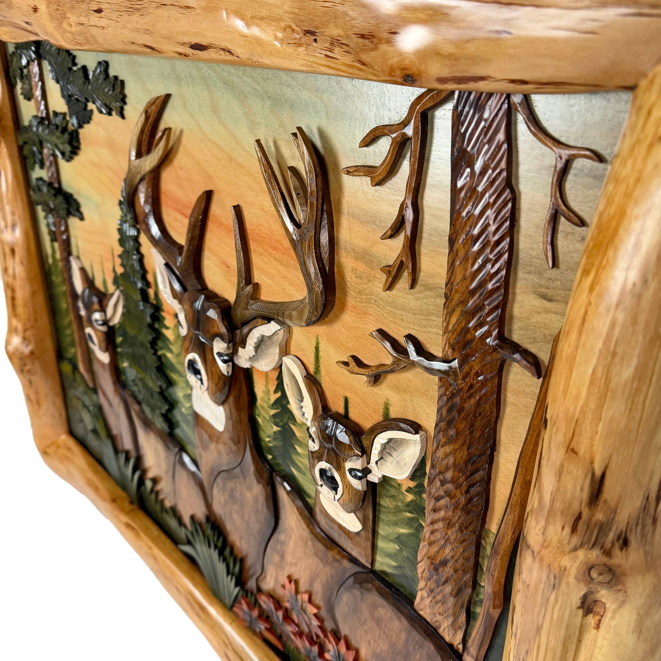 Alt View 2. Zeckos - Deer in Woods Intarsia Wood Wall Sculpture 36x28 Rustic Cabin Lodge Decor - Brown.