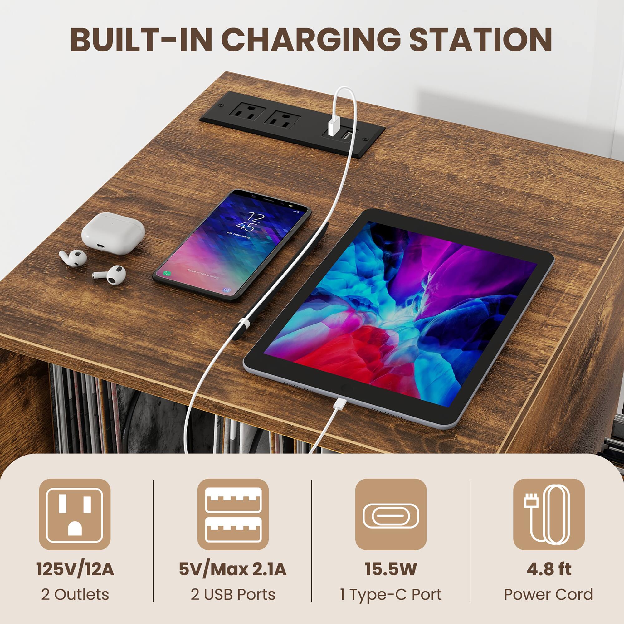 BUILT-IN CHARGING STATION

125V/12A  
2 Outlets

5V/Max 2.1A  
2 USB Ports

15.5W  
1 Type-C Port

4.8 ft  
Power Cord