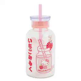 Silver Buffalo - Sanrio Hello Kitty Strawberry Glass Milk Bottle With Straw | Holds 15 Ounces - Pink