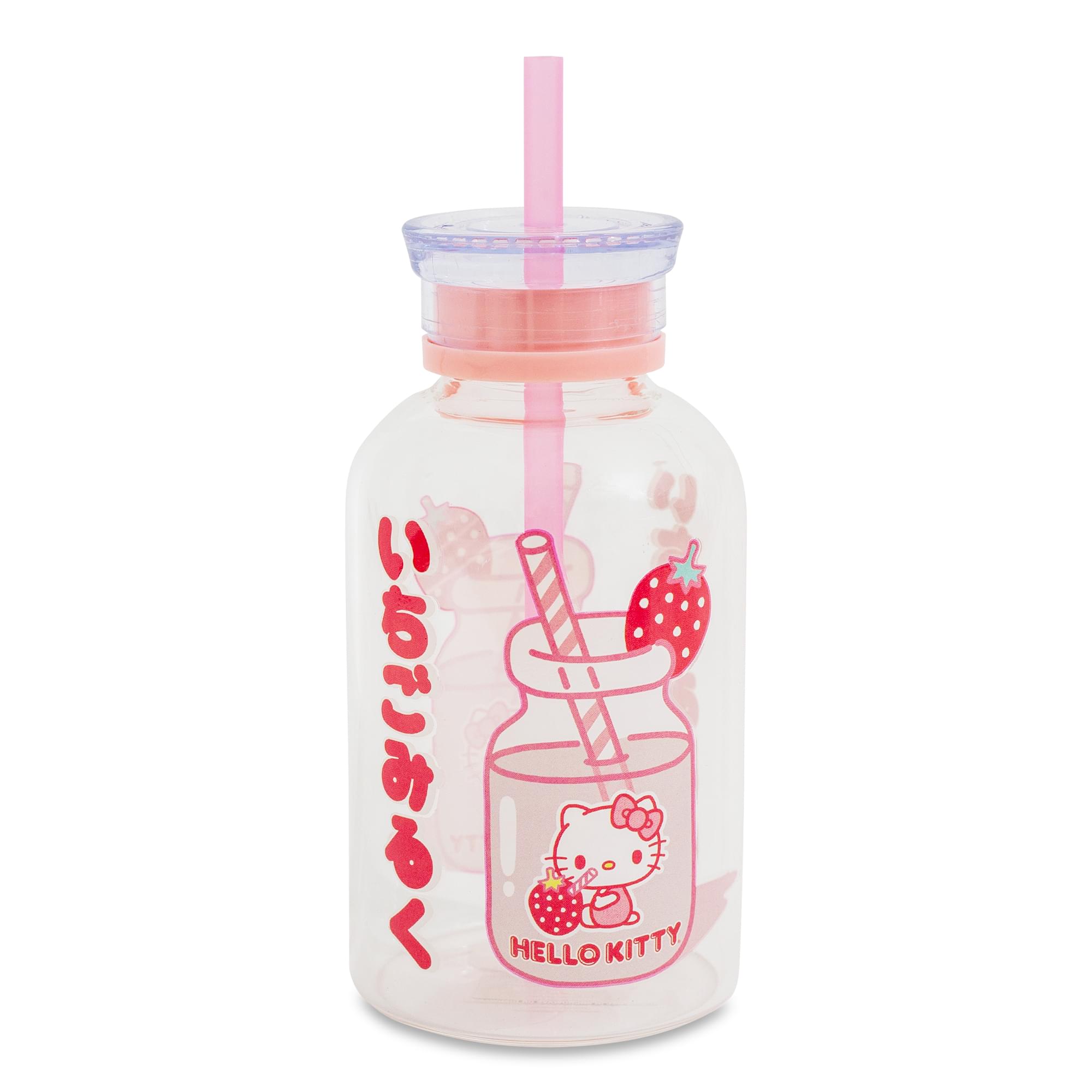 Silver Buffalo - Sanrio Hello Kitty Strawberry Glass Milk Bottle With Straw | Holds 15 Ounces - Pink