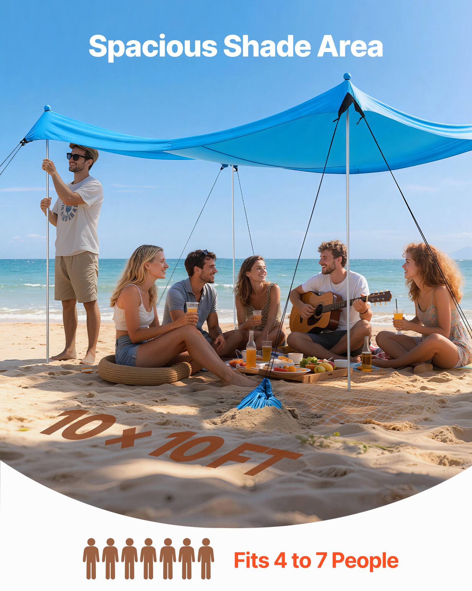 Spacious Shade Area  
10' x 10'  
Fits 4 to 7 People