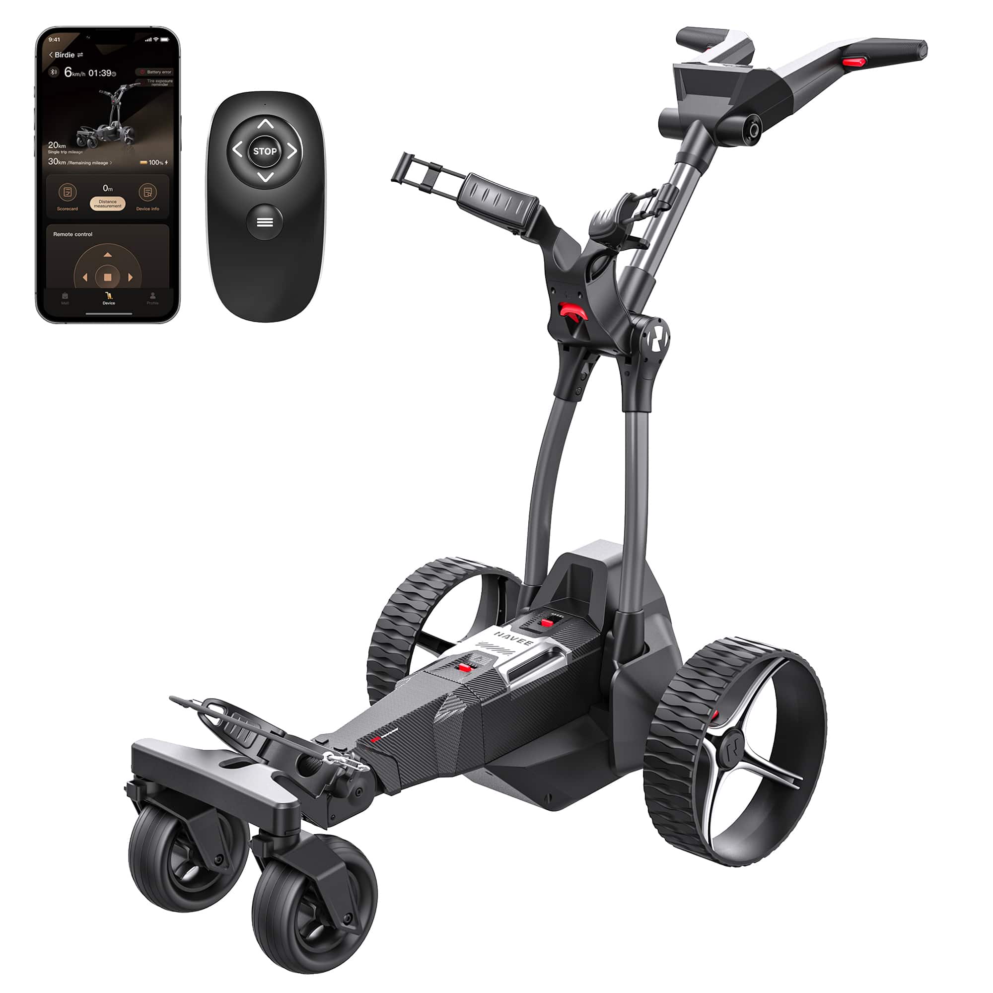 NAVEE - Birdie 3X Electric Golf Cart with Follow Me, 36 Hole Max Range, Dual Motor Assist, Remote, Foldable - Black