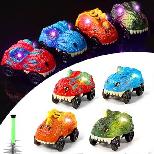 DORLUKFU - Tracks Cars Replacement only, Dino Track Cars for Tracks Glow in The Dark, Car Tracks Accessories with 3 Flashing LED