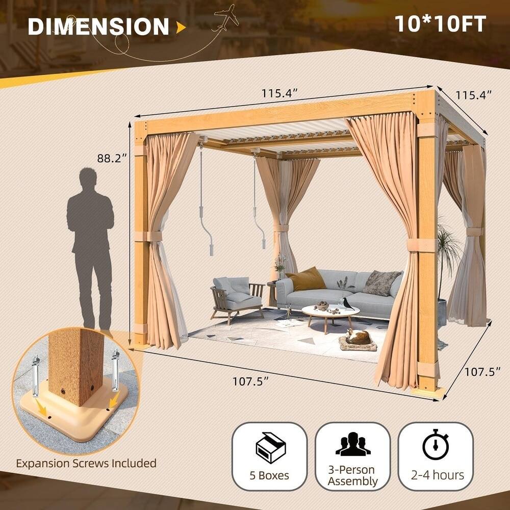 Left. U-HOMY - Wood Grain Aluminum Louvered Pergola Gazebo with Adjustable Rainproof Roof, Curtains & Netting - 10'x10'.
