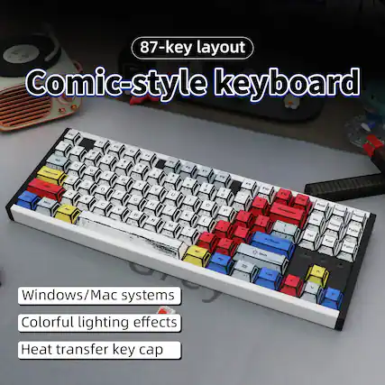 87-key layout Comic-style keyboard
Windows/Mac systems
Colorful lighting effects
Heat transfer key cap