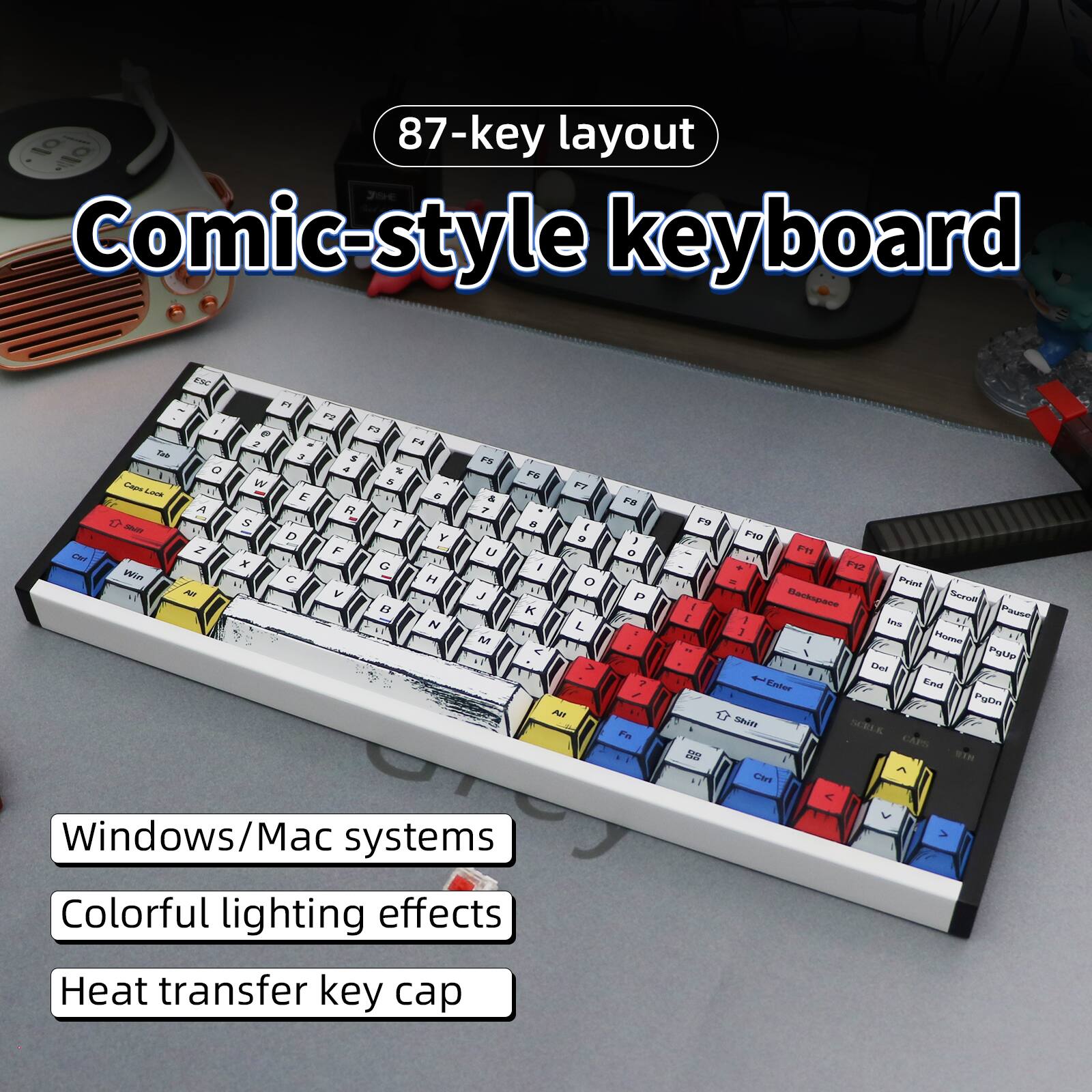 87-key layout Comic-style keyboard

Windows/Mac systems
Colorful lighting effects
Heat transfer key cap