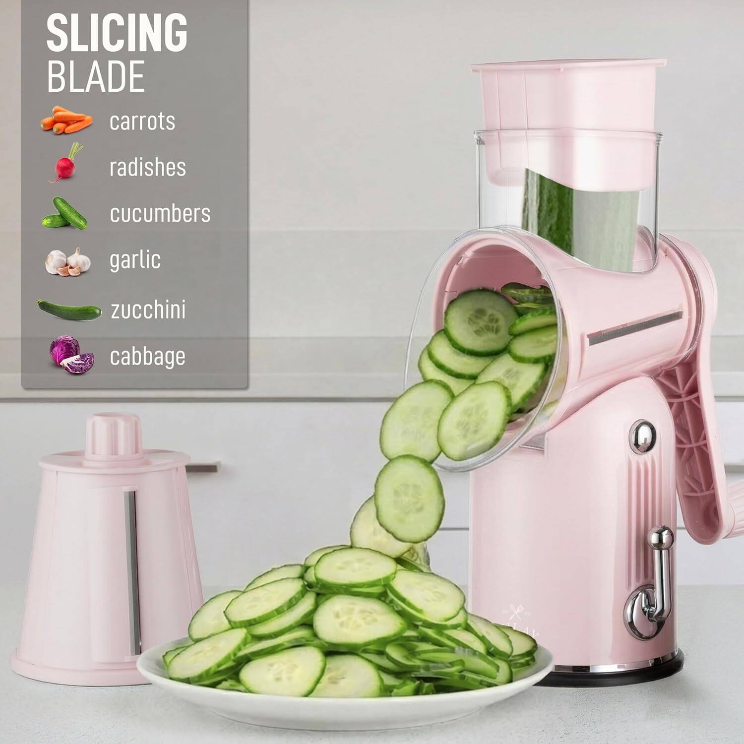 SLICING BLADE

- carrots
- radishes
- cucumbers
- garlic
- zucchini
- cabbage
