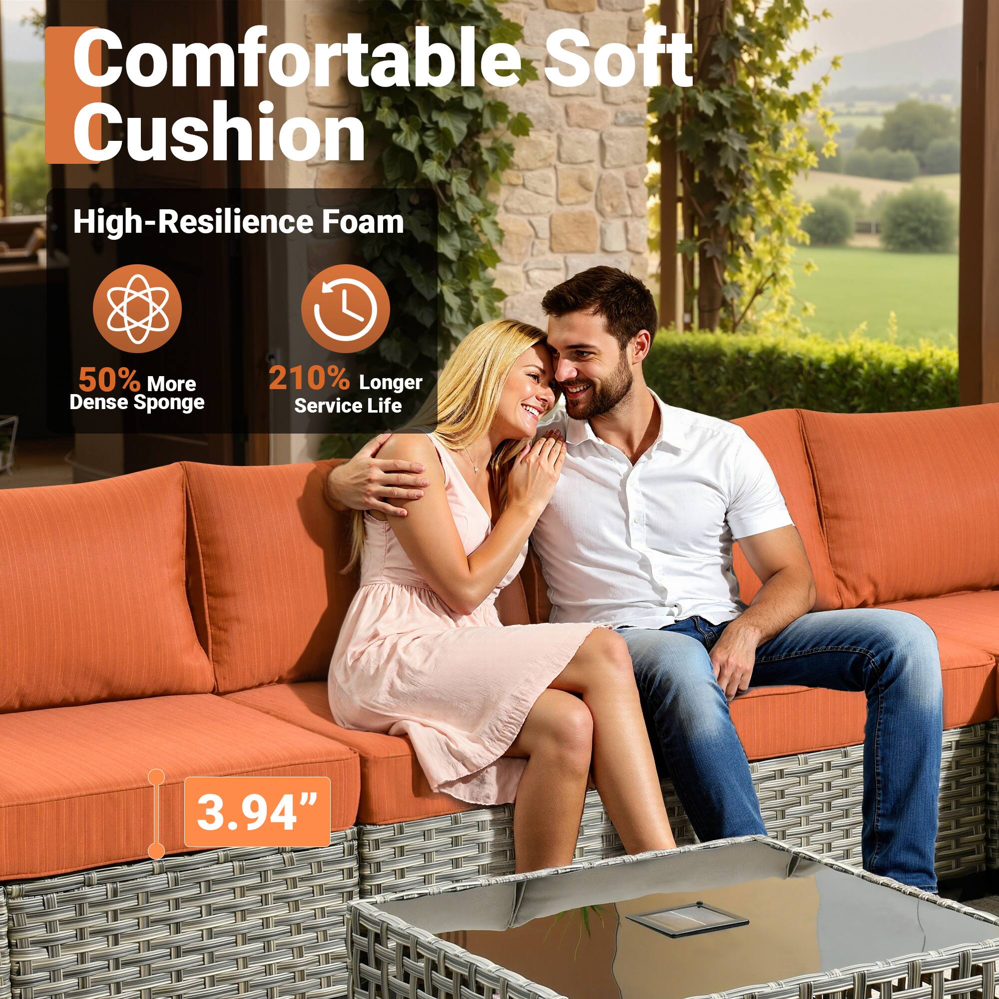 Alt View 2. Ovios - 8 PCS Patio Furniture, Wicker Sofa with Coffee Table, High Back Armchair with Ottoman for Garden - Orange Red.