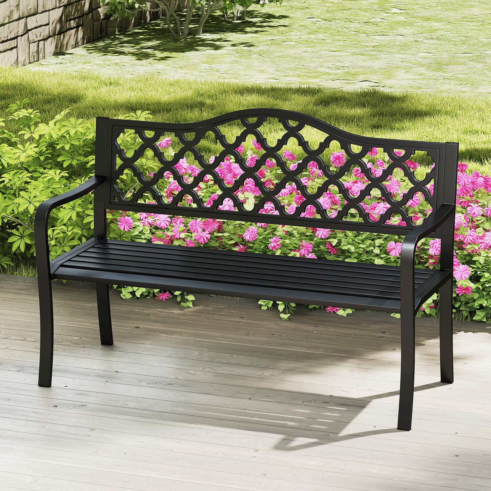 Alt View 4. Costway - Costway 50.5" Patio Bench Slatted Metal Garden Bench for 2-3 People Park-Style Loveseat - Black.