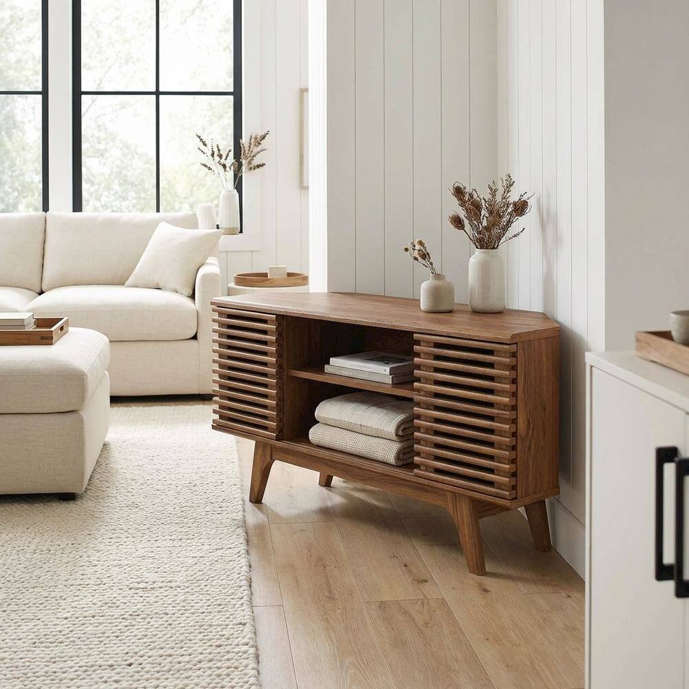 Left. FurniFact - Brown wooden 46-inch corner TV stand with open shelving and versatile design - Brown.