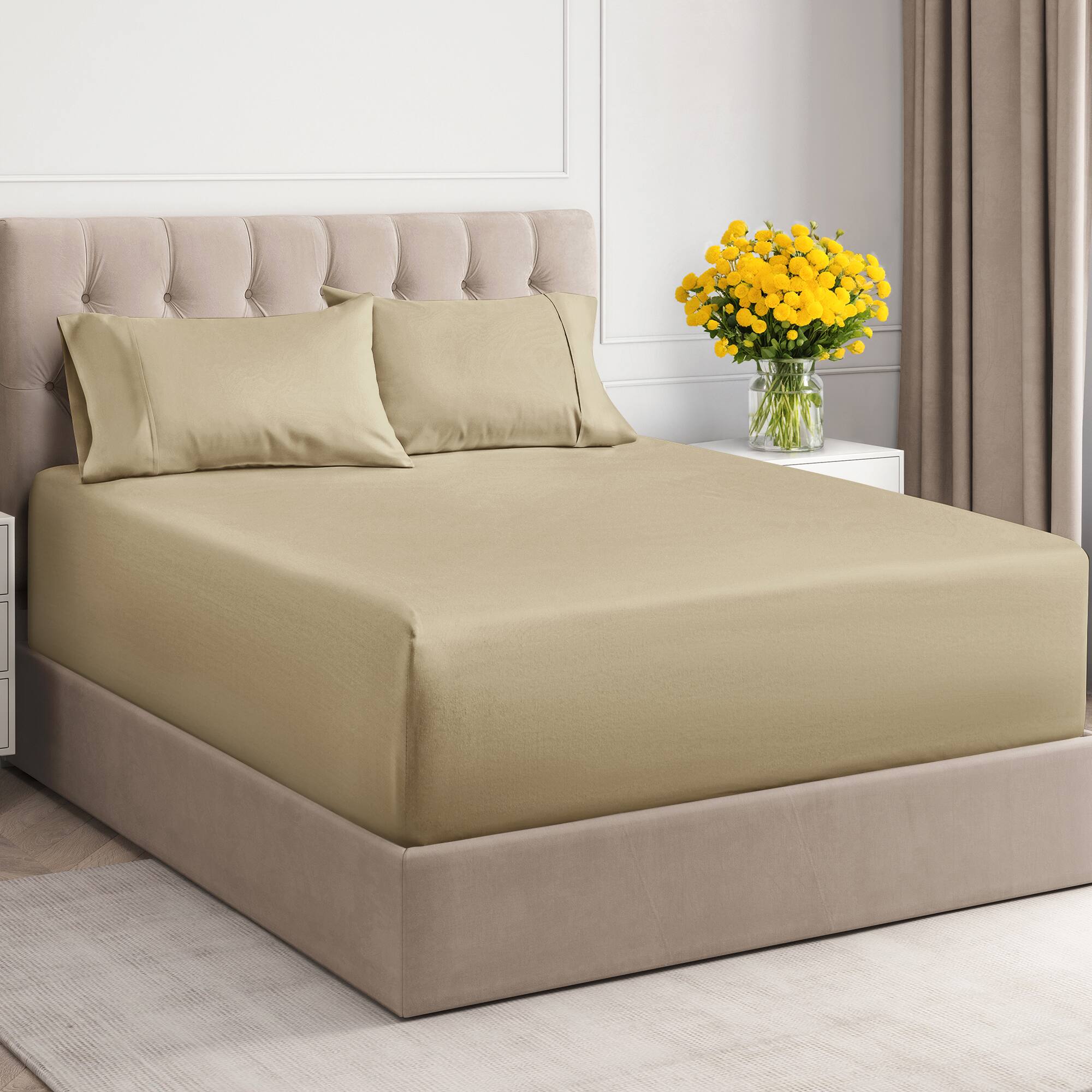 CGK Linens - 100% Cotton 400 TC 4 Piece Sheet Set - Extra Deep Pocket for 18"-24" Mattresses - Queen - Beige