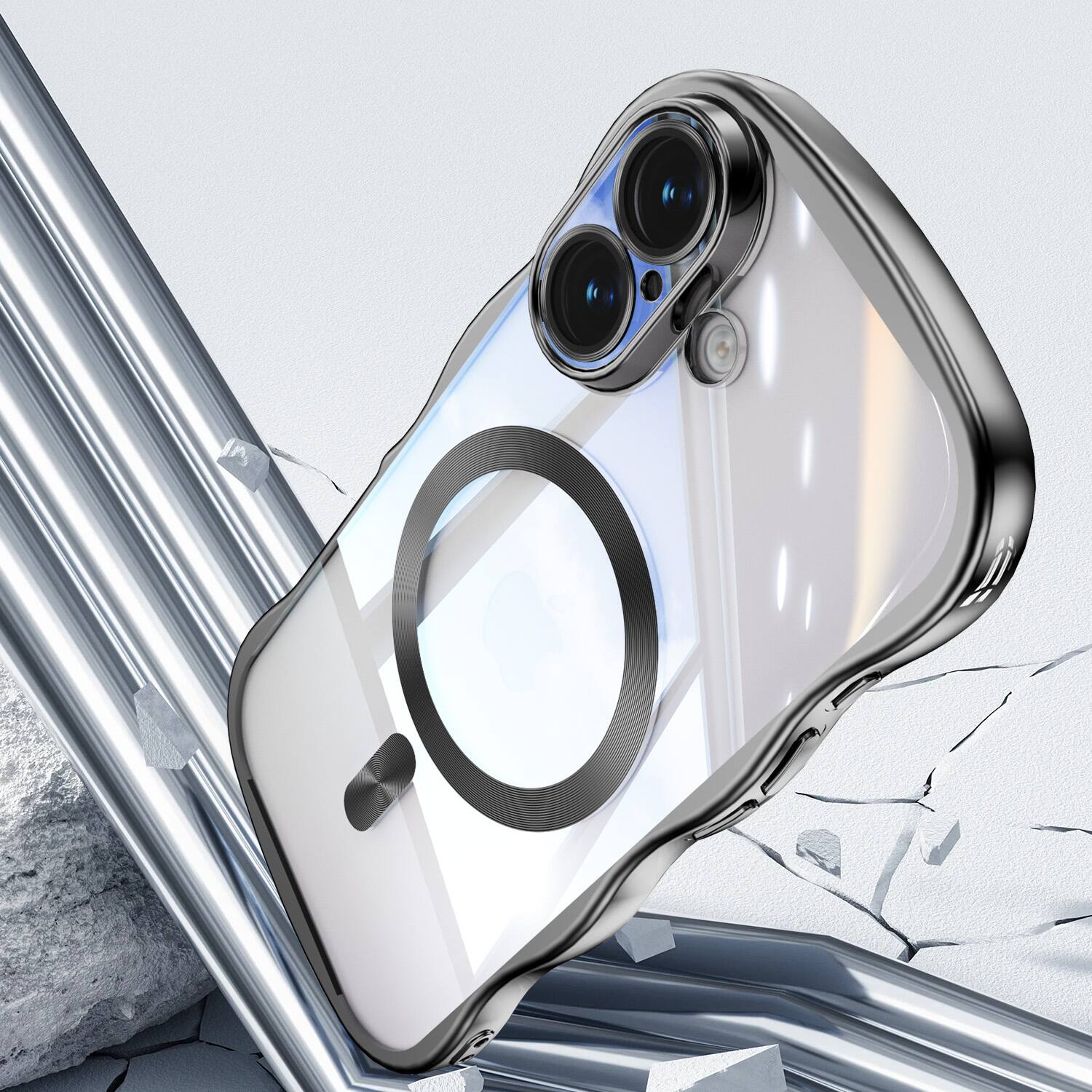 Back. UUCOVER - For Apple iPhone 17 Magnetic Case Compatible with MagSafe, Shockproof Electroplated Wave Bumper Clear Slim Phone Cover - Black.