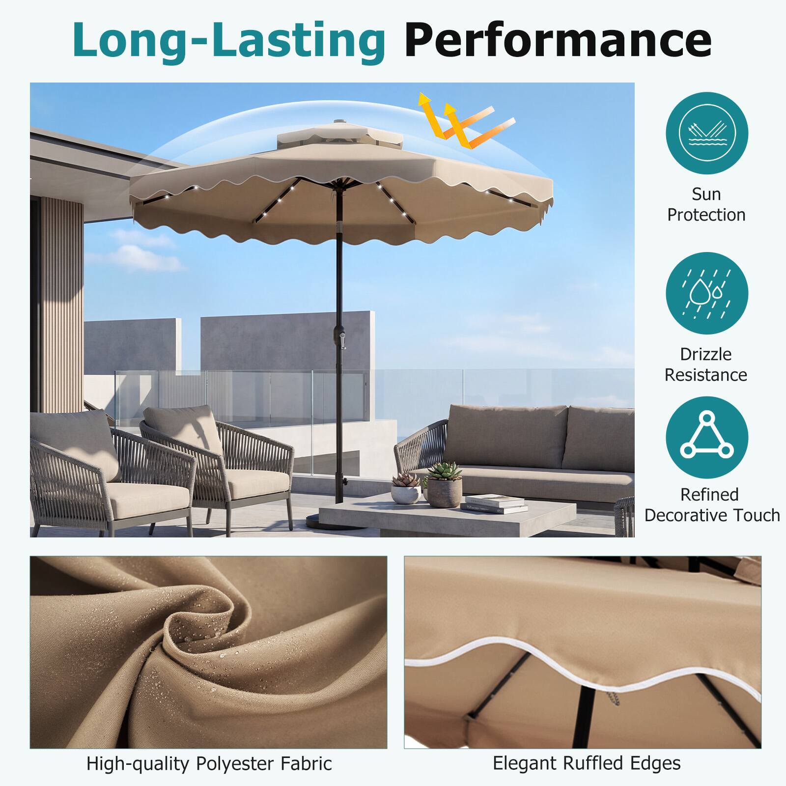 Long-Lasting Performance  
Sun Protection  
Drizzle Resistance  
Refined Decorative Touch  
High-quality Polyester Fabric  
Elegant Ruffled Edges