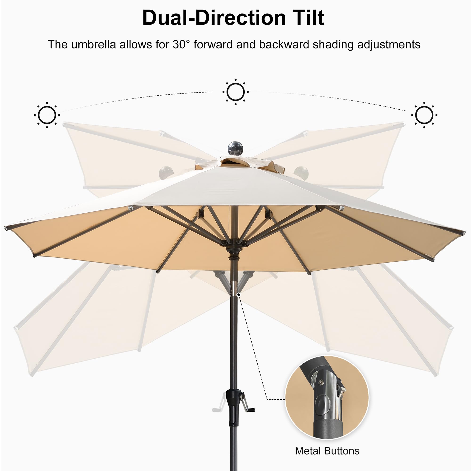 Dual-Direction Tilt  
The umbrella allows for 30° forward and backward shading adjustments  
Metal Buttons