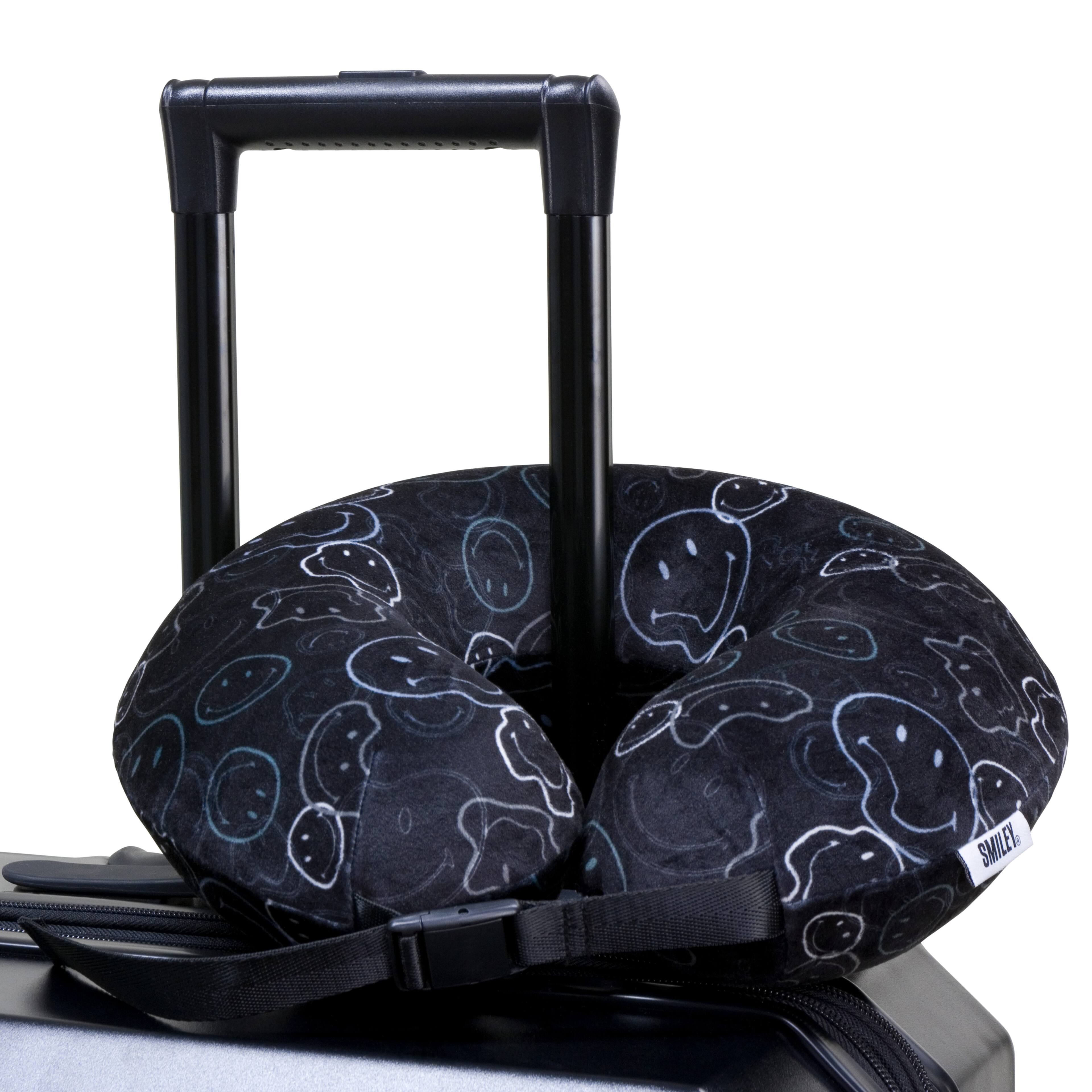 Left. Smiley World - SMILEY Black Melted Smiles Marshmallow Memory Foam Travel Pillow - Black.