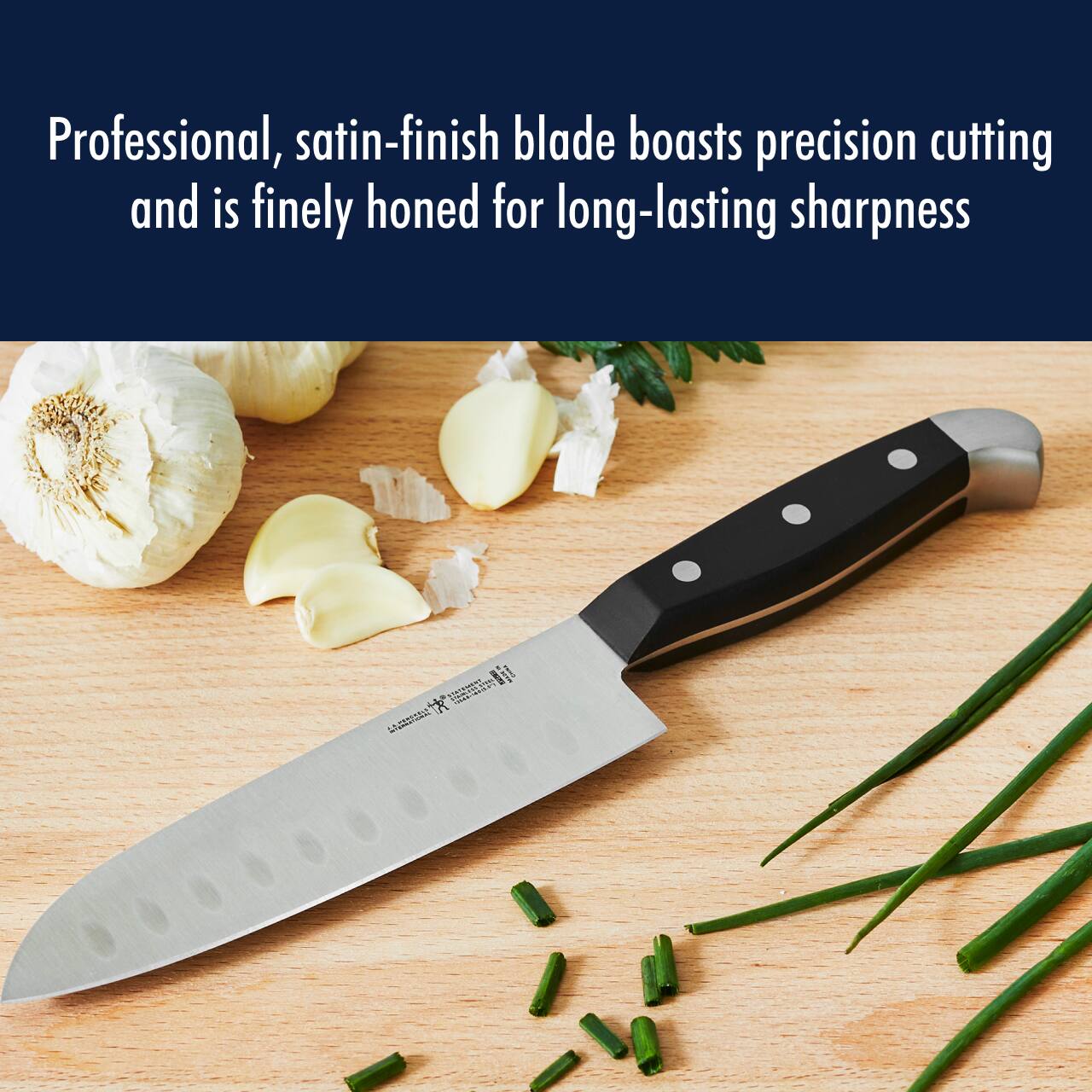 Professional, satin-finish blade boasts precision cutting and is finely honed for long-lasting sharpness.