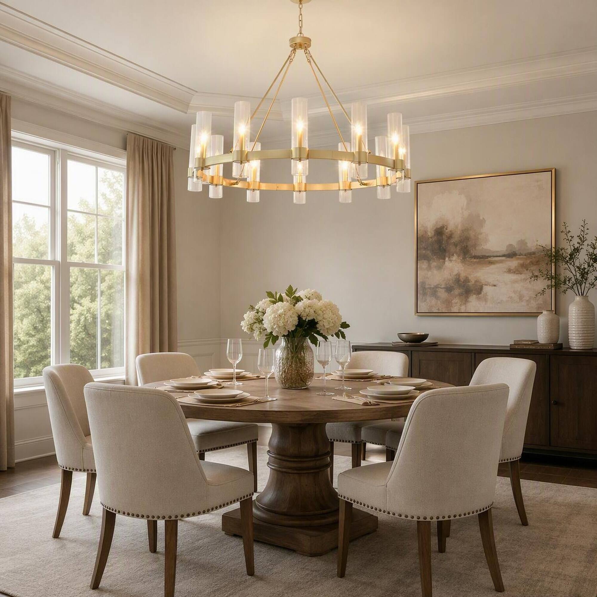 Left. RYHNUYNE - 39.4-Inch Gold Wagon Wheel Chandelier, 12-Light Pendant with Seeded Glass Shades, Adjustable Chain for Dining Room.
