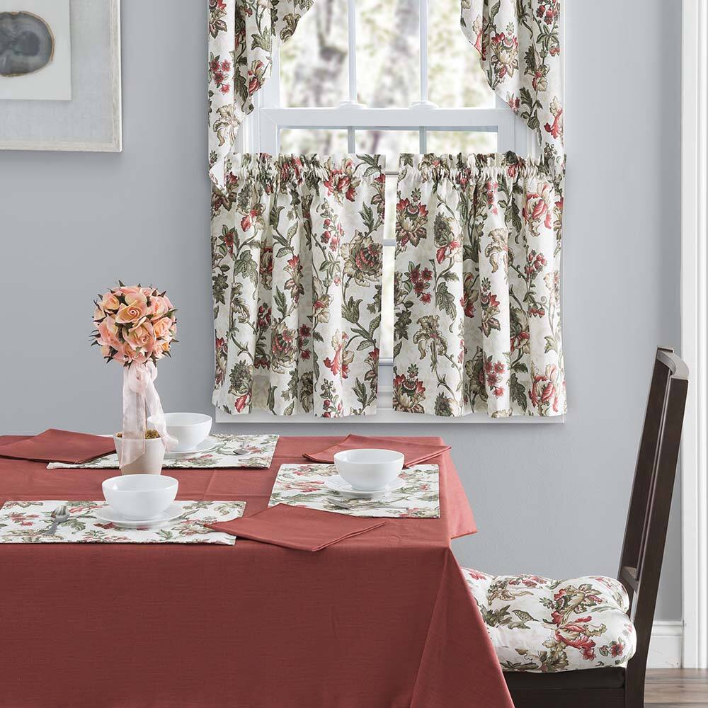 Left. Ellis Curtain - Ellis Curtain Madison Floral Design Printed Natural Ground 1.5" Rod Pocket Tailored Swag 56" x 36" Brick - Brick.