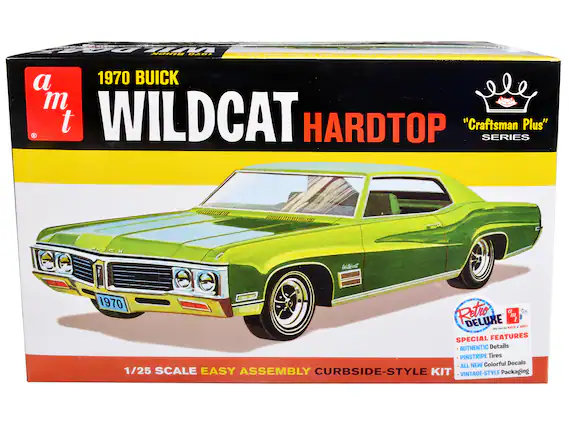 Sure, here is the corrected and grouped text from the image:
---
**a.m.t**
**1970 BUICK WILDCAT HARDCOVER**
**"Craftsman Plus" SERIES**
**1/25 SCALE EASY ASSEMBLY CURBSIDE-STYLE KIT**
**SPECIAL FEATURES**
- AUTHENTIC Details
- PINSTRIPE Tires
- ALL NEW Colorful Decals
- VINTAGE-STYLE Packaging
**Retro DELUXE**
**Only from the KATS & AMTI**
**www.baccco.co**
---
This text is organized to reflect the information on the packaging of the model kit.