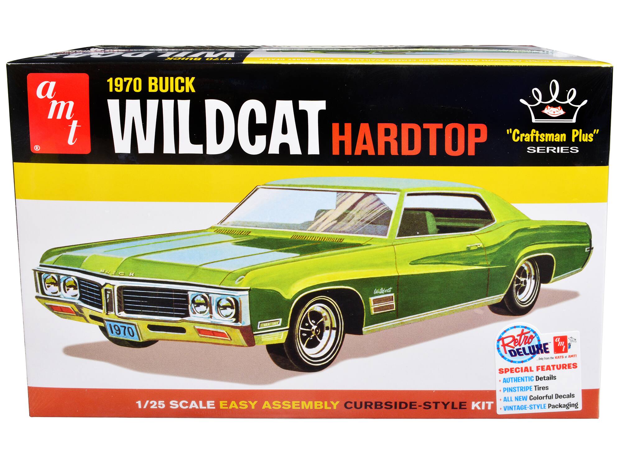 Sure, here is the corrected and grouped text from the image:

---

**a.m.t**

**1970 BUICK WILDCAT HARDCOVER**

**"Craftsman Plus" SERIES**

**1/25 SCALE EASY ASSEMBLY CURBSIDE-STYLE KIT**

**SPECIAL FEATURES**

- AUTHENTIC Details
- PINSTRIPE Tires
- ALL NEW Colorful Decals
- VINTAGE-STYLE Packaging

**Retro DELUXE**

**Only from the KATS & AMTI**

**www.baccco.co**

---

This text is organized to reflect the information on the packaging of the model kit.