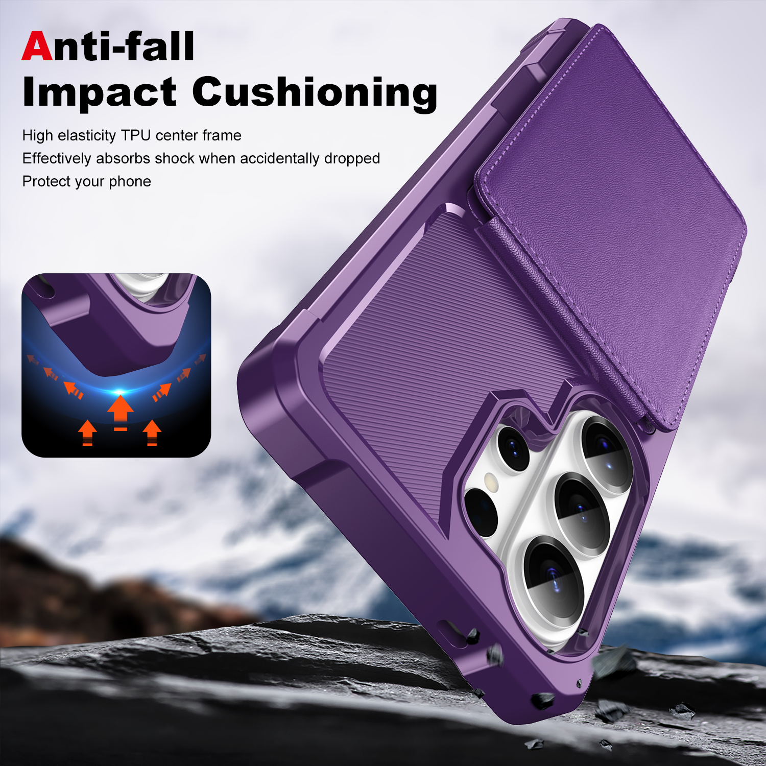 Anti-fall Impact Cushioning

High elasticity TPU center frame  
Effectively absorbs shock when accidentally dropped  
Protect your phone