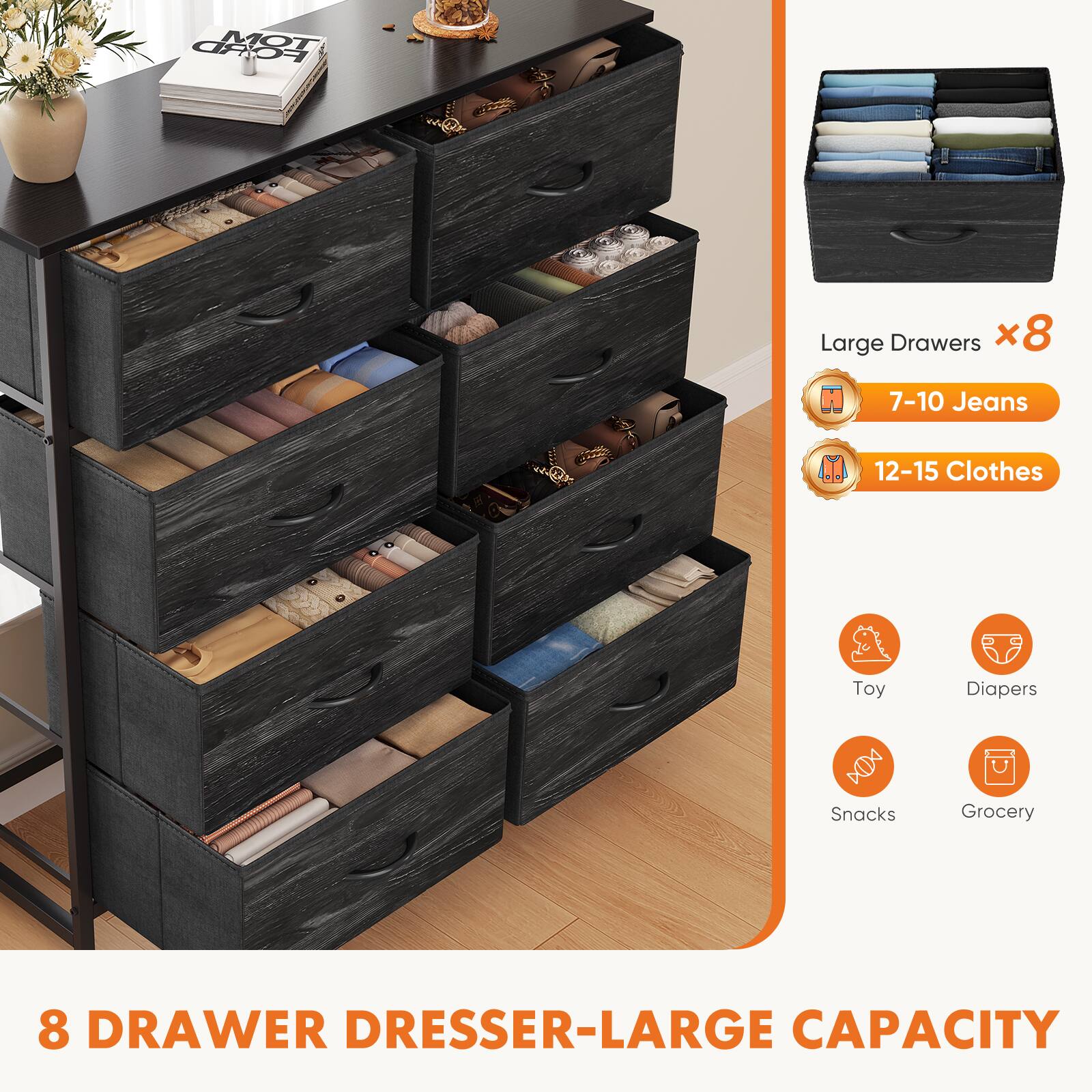 Sweetcrispy 8 Drawer Fabric Dresser，Tall Chest of Drawers Storage ...