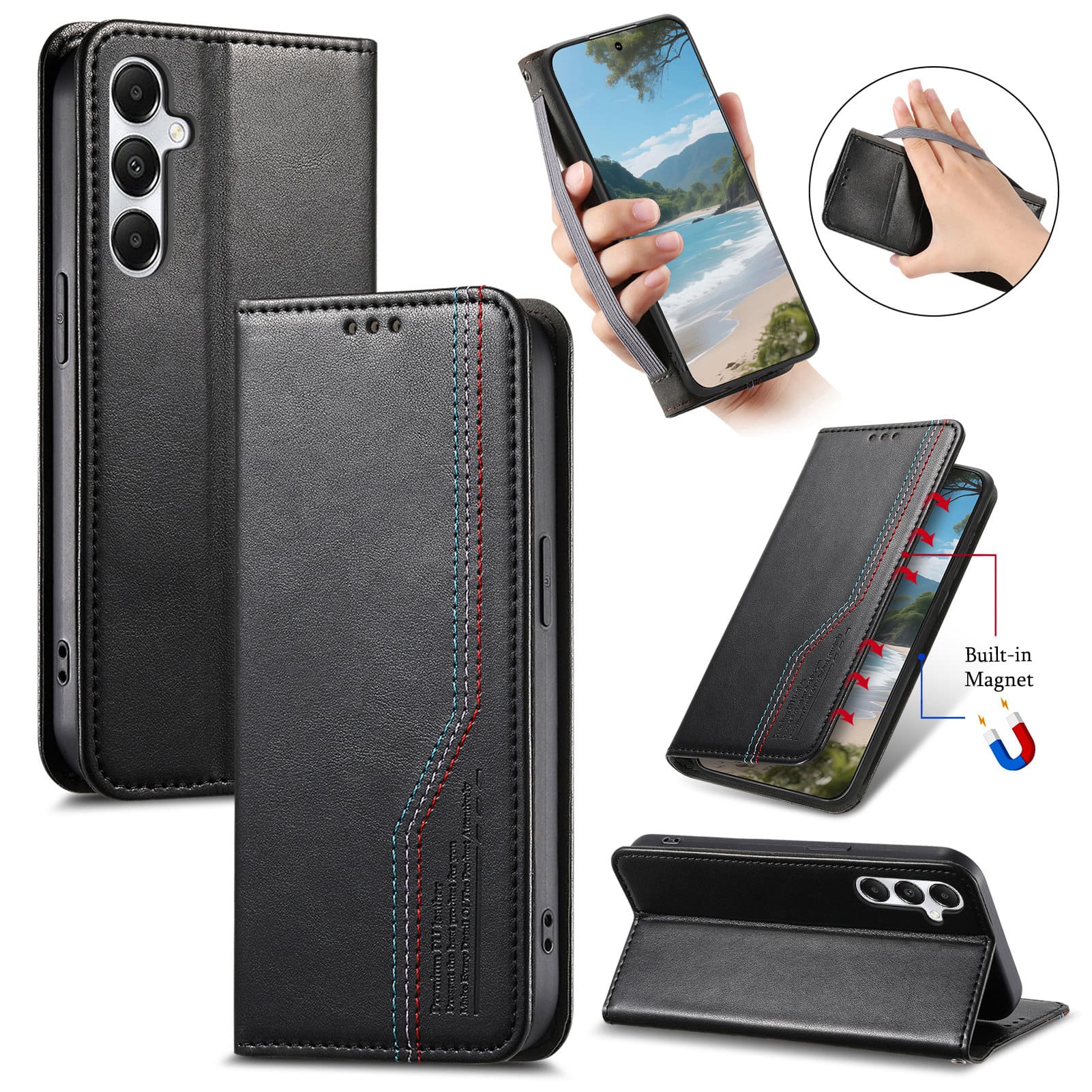Dteck - For Samsung Galaxy A36 5G Wallet Case with Wristband, Faux Leather Card Slot Magnetic Closure Stand Shockproof Cover - Black