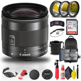 Canon - EF-M 11-22mm f/4-5.6 IS STM Lens (7568B002) + Filter Kit + BackPack + More - Black