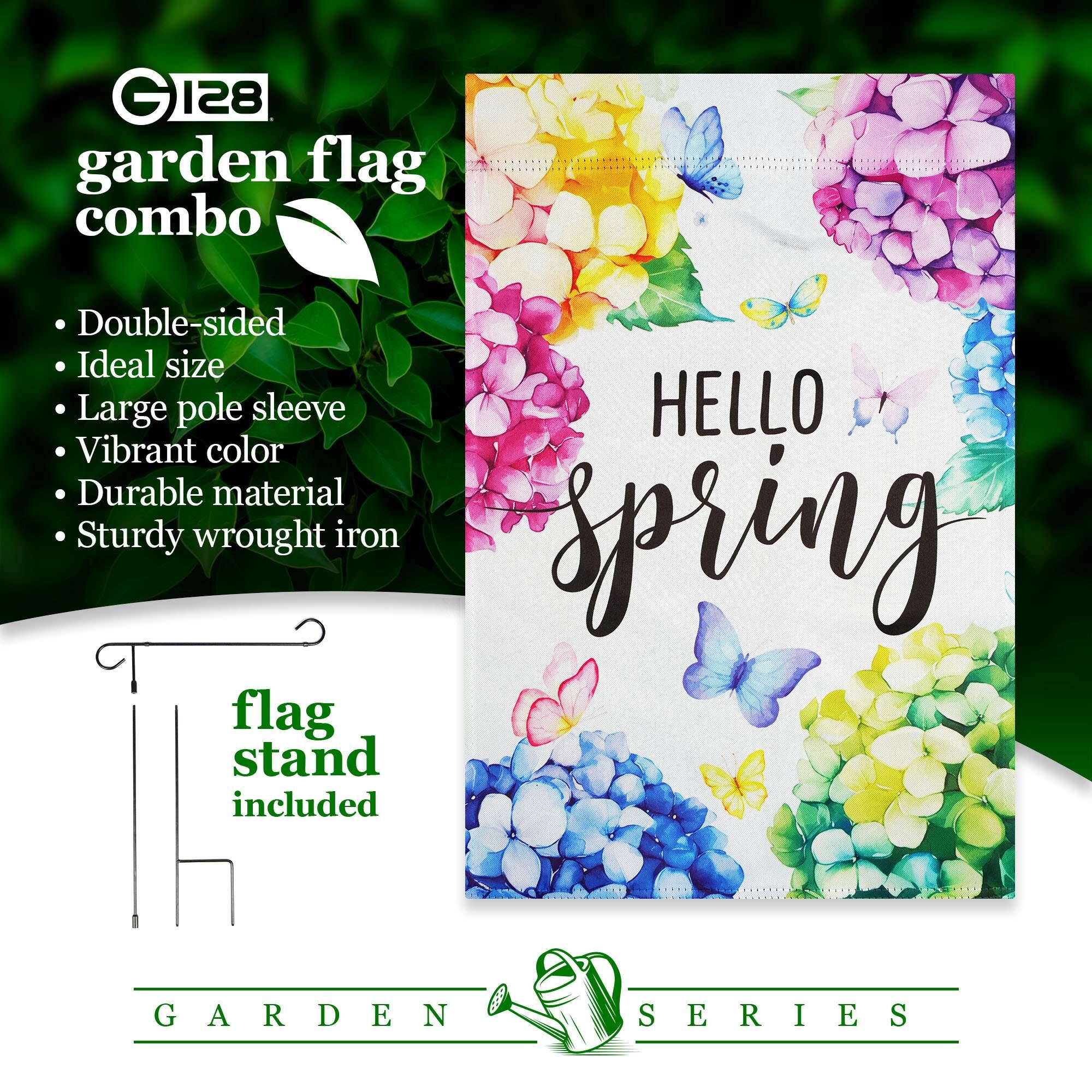 G128 garden flag combo

Double-sided  
Ideal size  
Large pole sleeve  
Vibrant color  
Durable material  
Sturdy wrought iron

HELLO spring

flag stand included

GARDEN SERIES