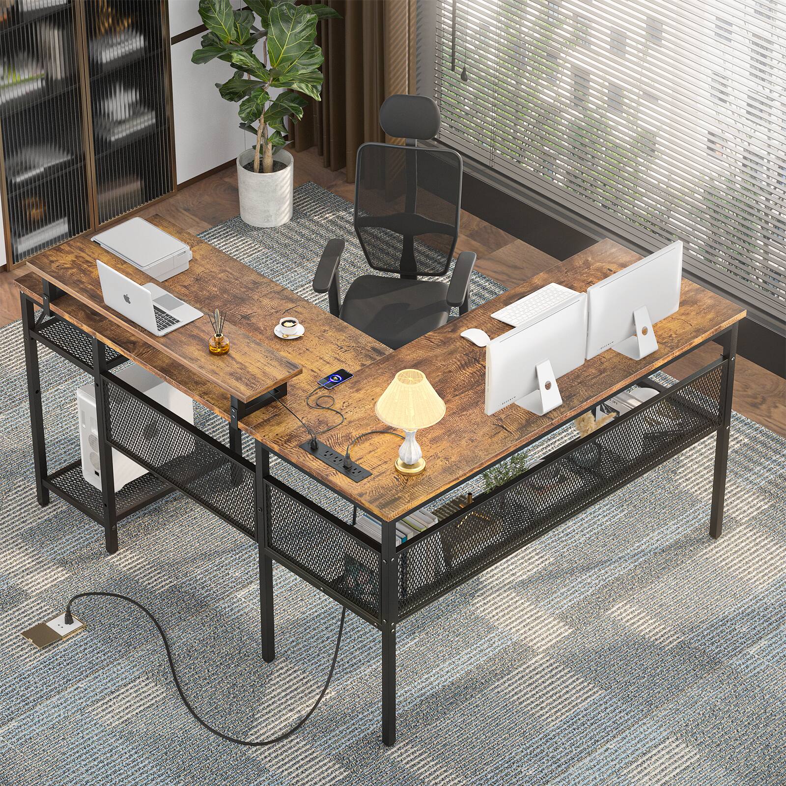Aheaplus 55.5'' Reversible L Shaped Computer Desk with Power
