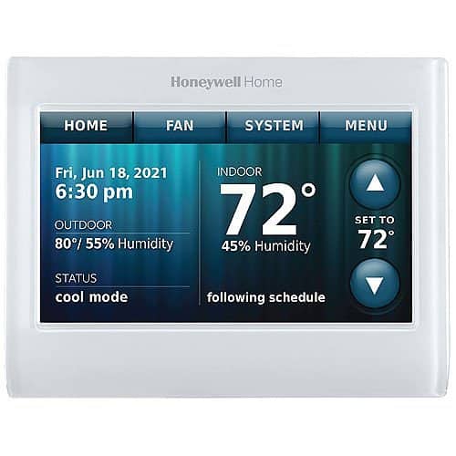 Honeywell Home  
HOME FAN SYSTEM MENU  
Fri, Jun 18, 2021  
6:30 pm  
INDOOR 72°  
80% / 55% Humidity  
45% Humidity  
SET TO 72°  
STATUS cool mode  
following schedule