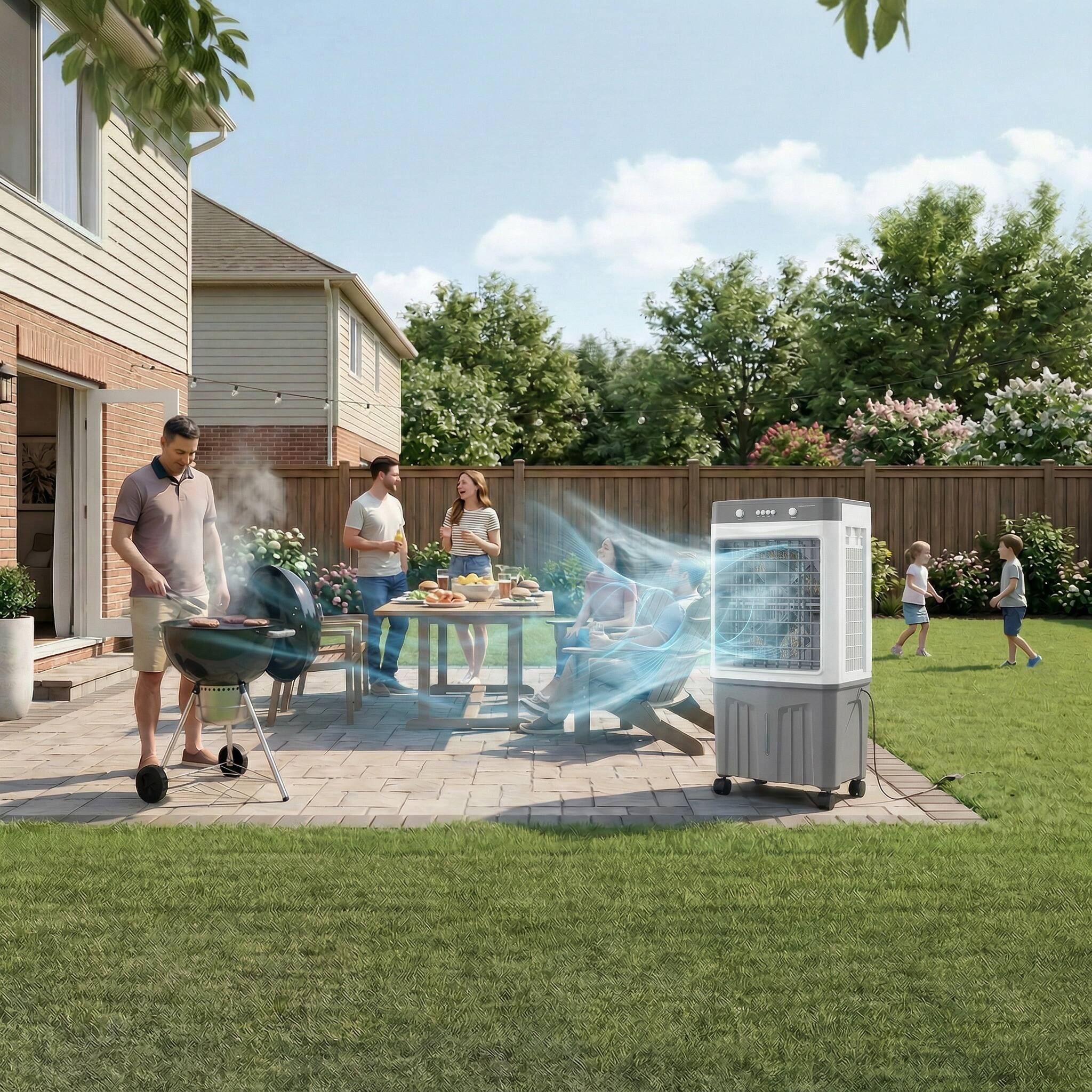 Alt View 7. FUFU & GAGA - 7 Gal Evaporative Air Cooler with 4 Ice Packs – Indoor Outdoor Portable Cooling Fan with 3 Speeds, Mechanical Control - White & Gray.