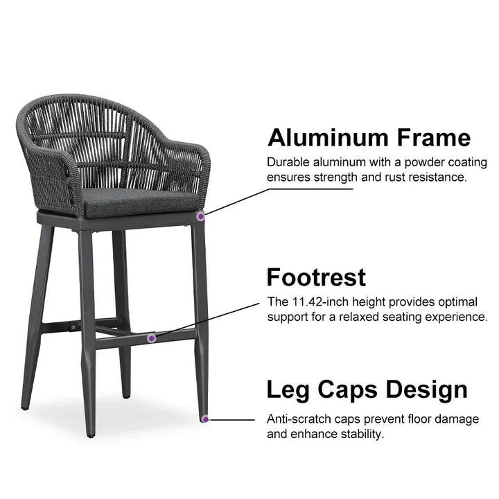Aluminum Frame  
Durable aluminum with a powder coating ensures strength and rust resistance.  

Footrest  
The 11.42-inch height provides optimal support for a relaxed seating experience.  

Leg Caps Design  
Anti-scratch caps prevent floor damage and enhance stability.