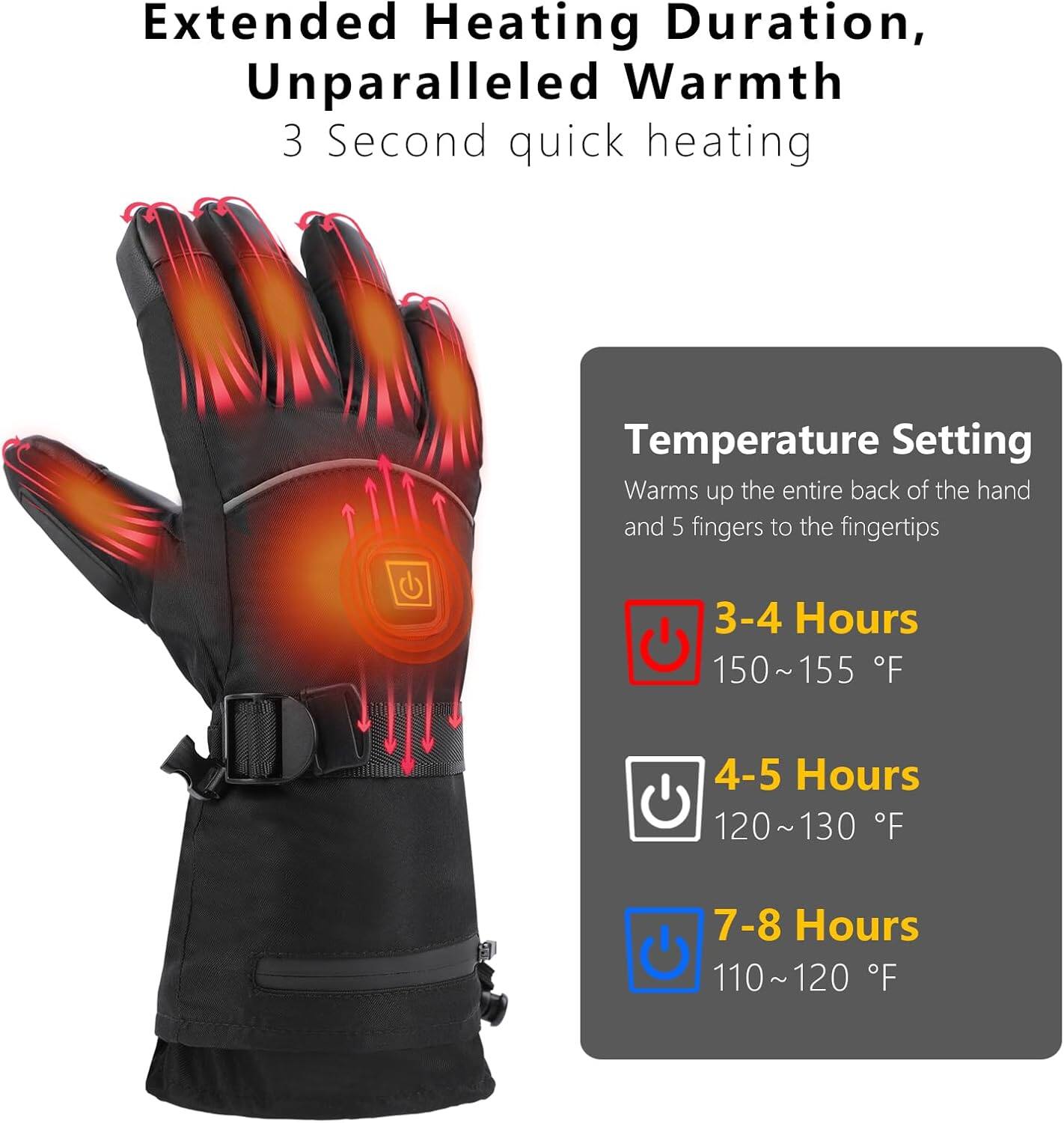 Extended Heating Duration, Unparalleled Warmth  
3 Second quick heating  

Temperature Setting  
Warms up the entire back of the hand and 5 fingers to the fingertips  

3-4 Hours  
150~155 °F  

4-5 Hours  
120~130 °F  

7-8 Hours  
110~120 °F