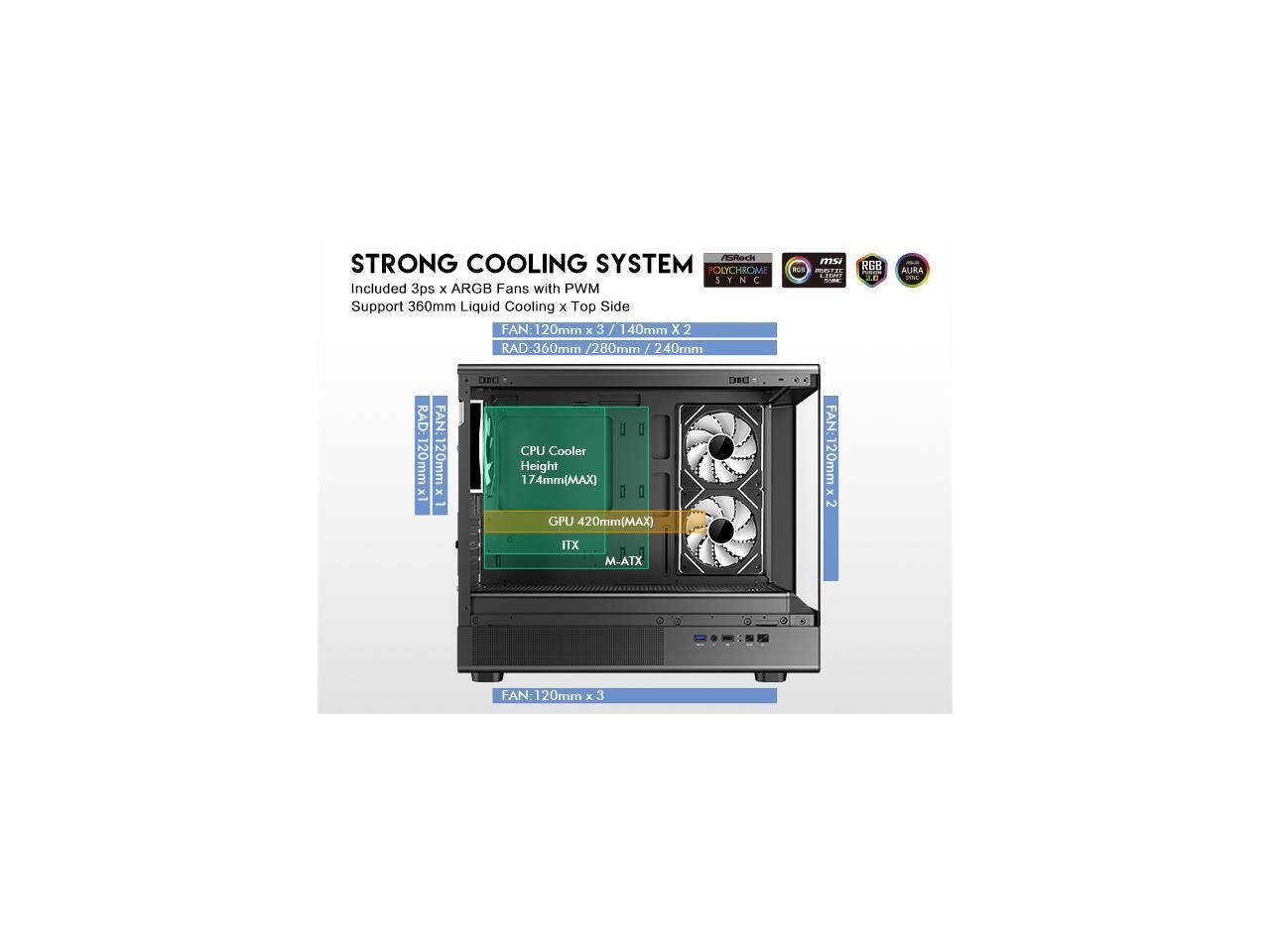 STRONG COOLING SYSTEM

Included 3pcs x ARGB Fans with PWM
Support 360mm Liquid Cooling x Top Side

FAN: 120mm x 3 / 140mm x 2
RAD: 360mm / 280mm / 240mm

CPU Cooler
Height: 174mm (MAX)

GPU: 420mm (MAX)

ITX / M-ATX

FAN: 120mm x 3