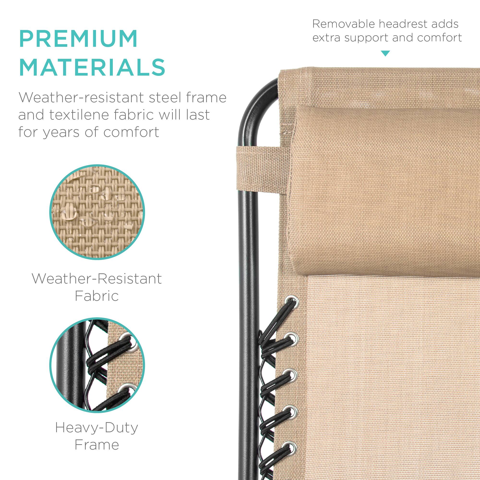 **PREMIUM MATERIALS**

- Weather-resistant steel frame and textilene fabric will last for years of comfort

- Removable headrest adds extra support and comfort

- Weather-Resistant Fabric

- Heavy-Duty Frame
