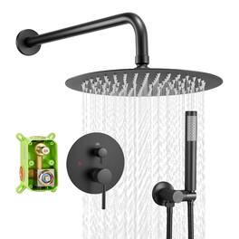 Glintex - Shower Faucet Set, 10 in Round Rain Shower System with Handheld, Wall Mount, Brass Valve and Trim Kit - Matte Black