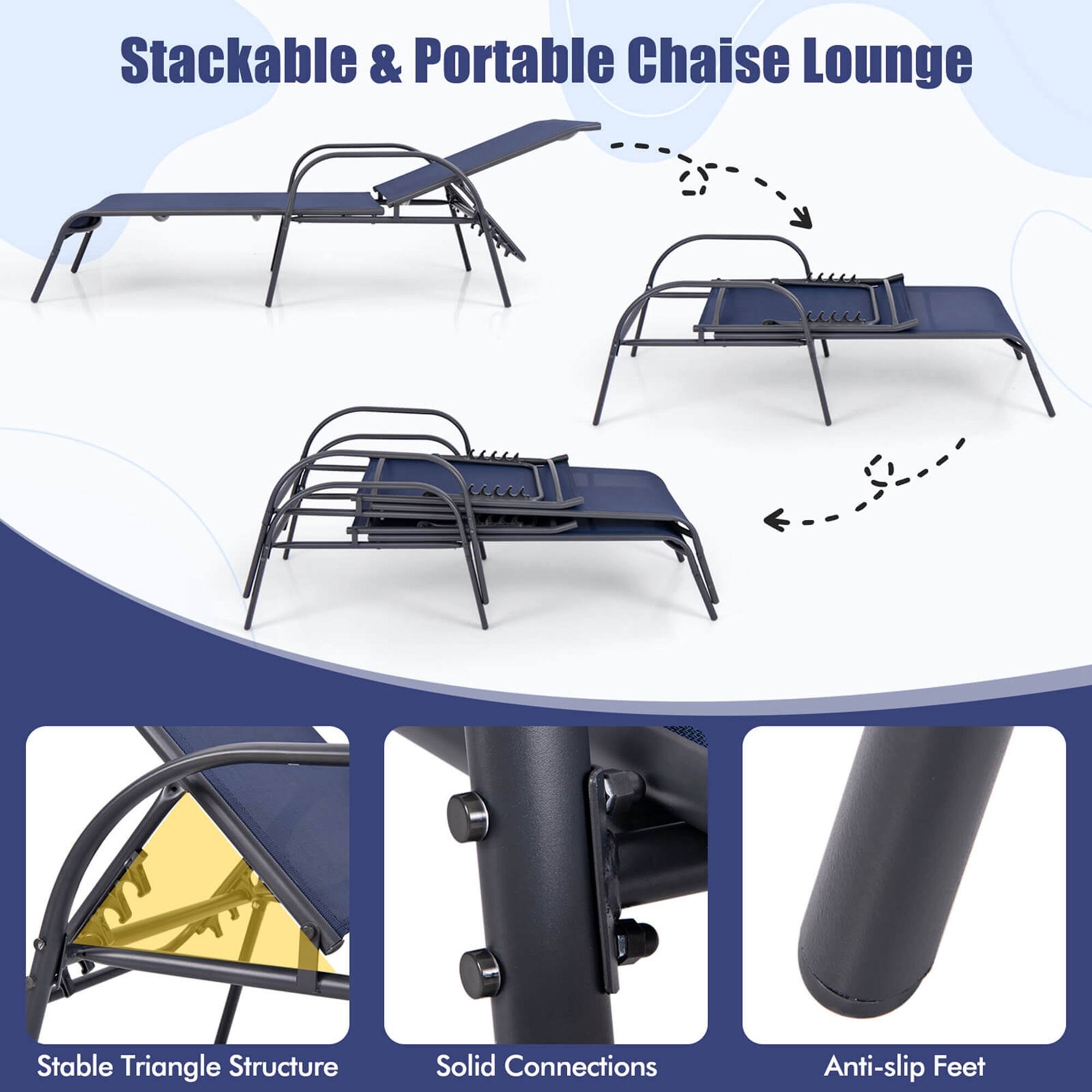 Stackable & Portable Chaise Lounge: Stable Triangle Structure, Solid Connections, Anti-slip Feet.