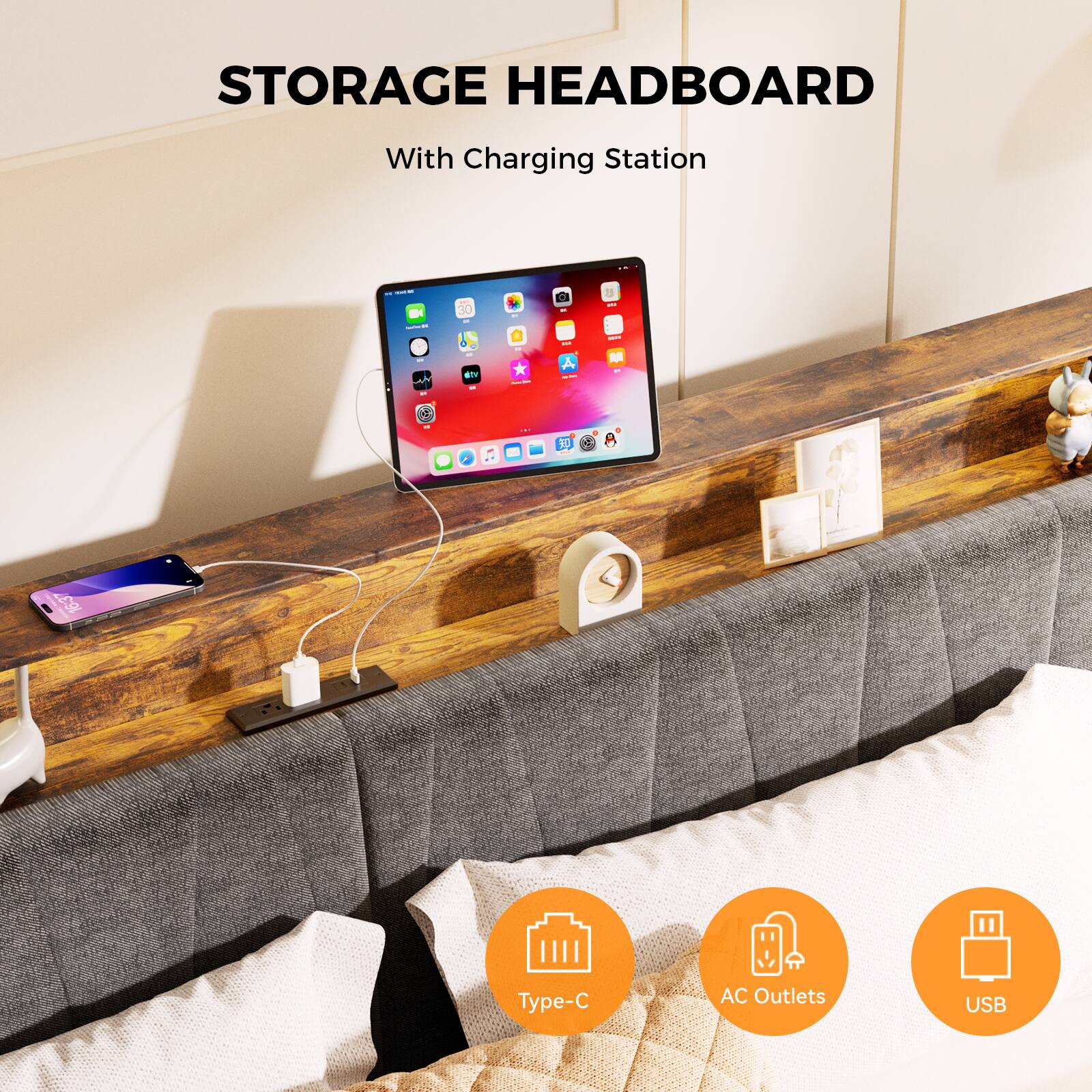 STORAGE HEADBOARD With Charging Station . Type-C AC Outlets USB