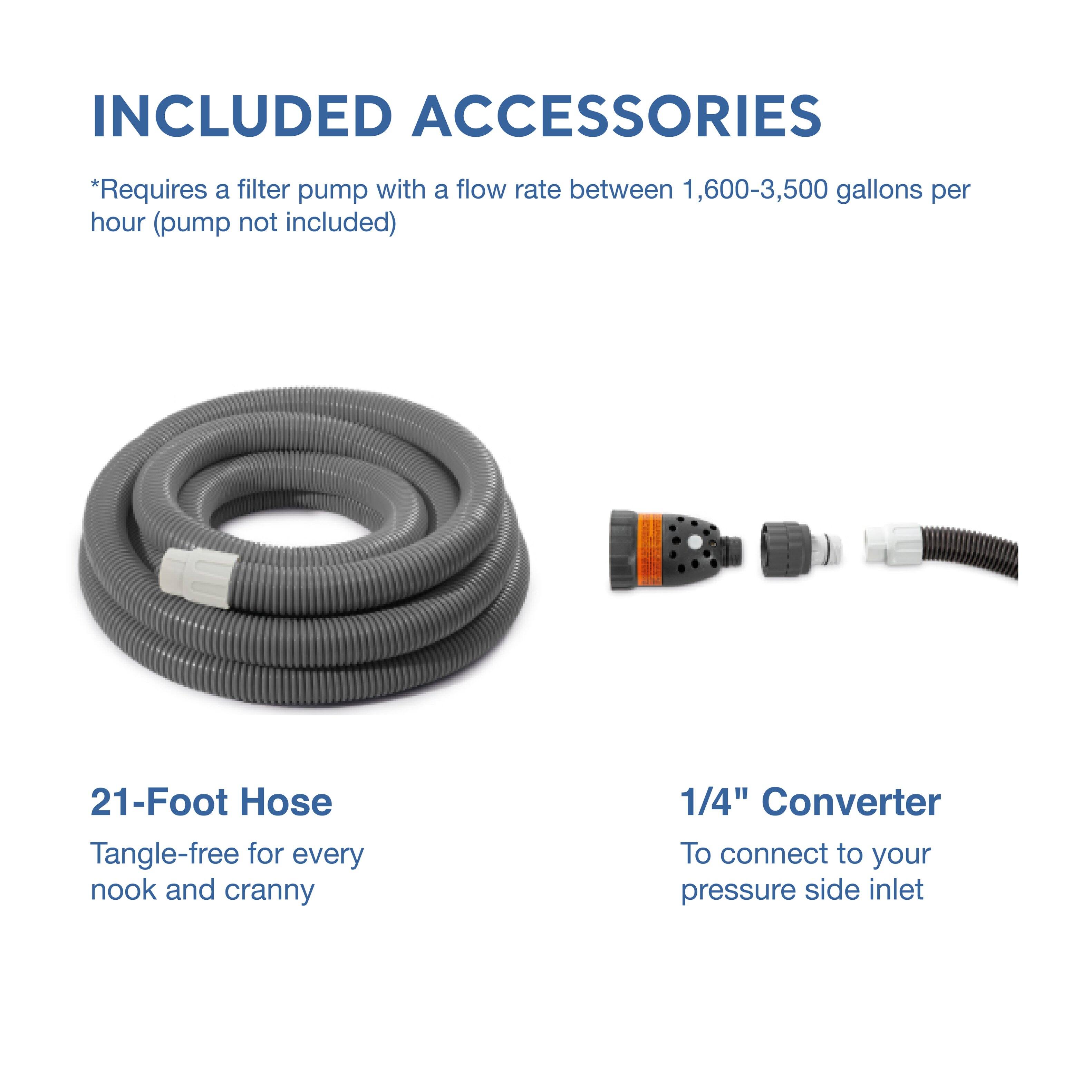 **INCLUDED ACCESSORIES**

*Requires a filter pump with a flow rate between 1,600-3,500 gallons per hour (pump not included)

- **21-Foot Hose**
  - Tangle-free for every nook and cranny

- **1/4" Converter**
  - To connect to your pressure side inlet