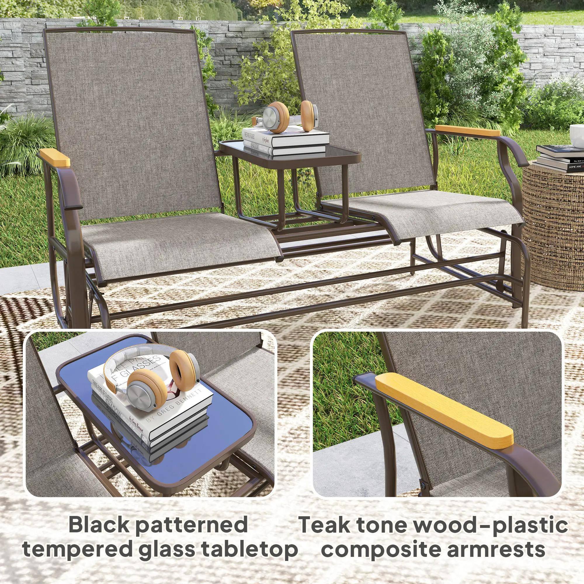 Black patterned tempered glass tabletop

Teak tone wood-plastic composite armrests