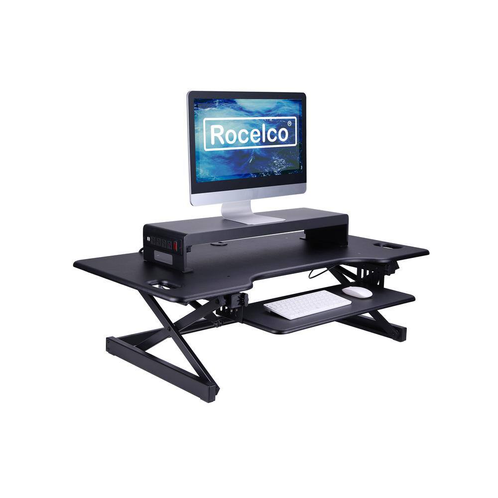 Left. Rocelco - Premium Dual Monitor Stand, Metal Laptop TV PC Riser Shelf with Keyboard Mouse Storage and Cable Management - Black.