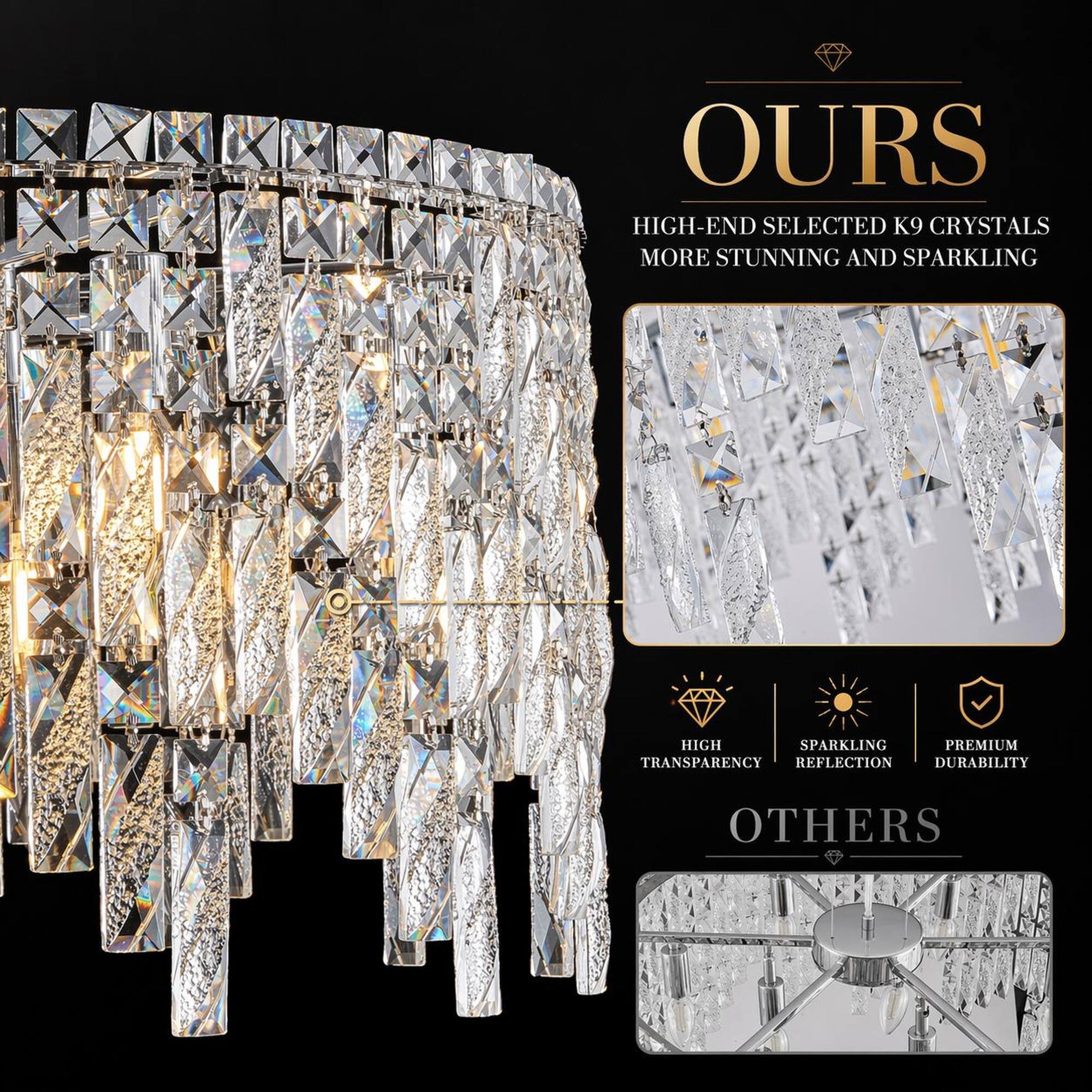 OURS  
HIGH-END SELECTED K9 CRYSTALS MORE STUNNING AND SPARKLING  

HIGH SPARKLING PREMIUM TRANSPARENCY REFLECTION DURABILITY  

OTHERS