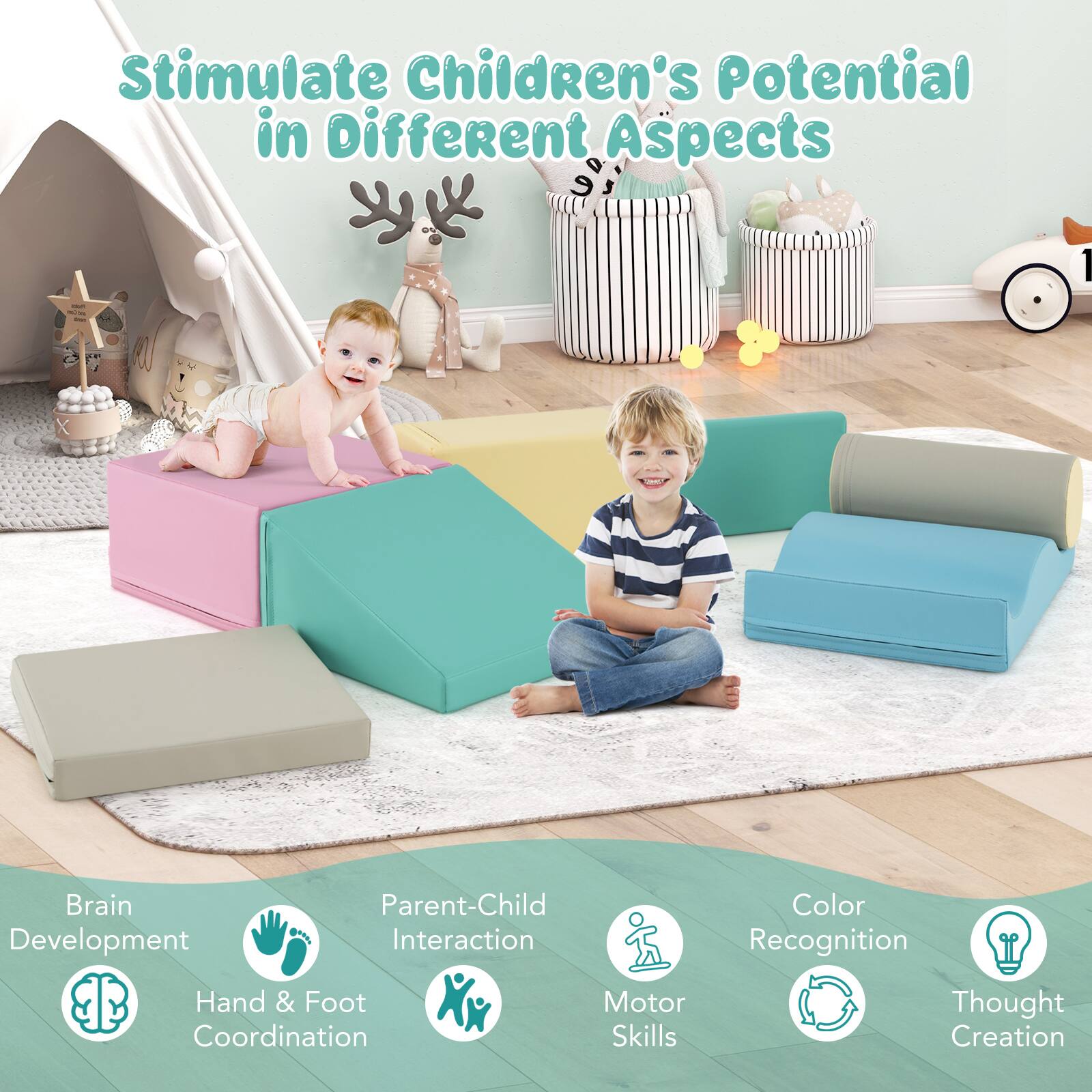 Stimulate Children's Potential in Different Aspects

1. Brain Development
2. Parent-Child Interaction
3. Hand & Foot Coordination
4. Color Recognition
5. Motor Skills
6. Thought Creation