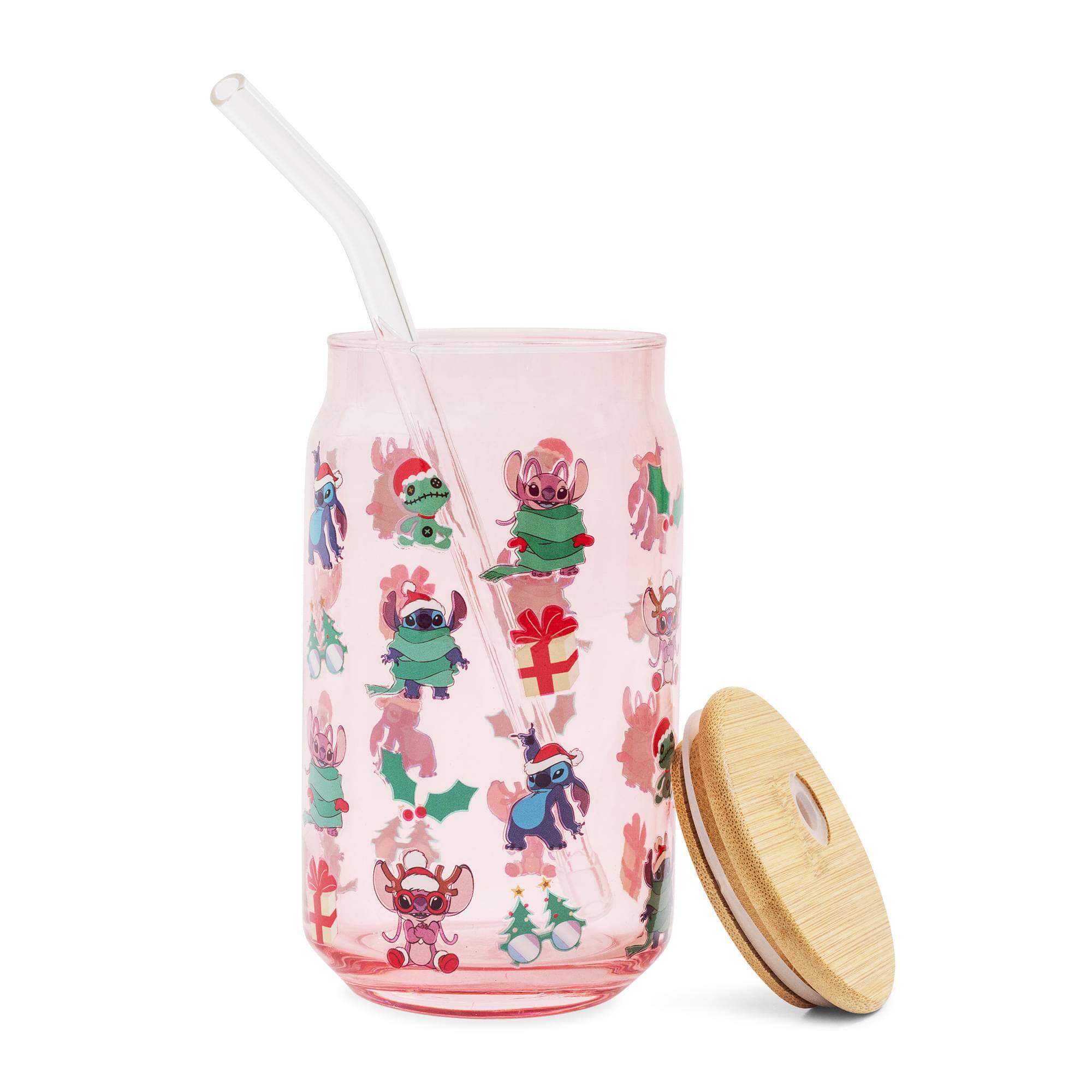 Alt View 10. Silver Buffalo - Disney Lilo & Stitch Holiday 16-Ounce Glass Tumbler With Bamboo Lid and Straw - Pink.