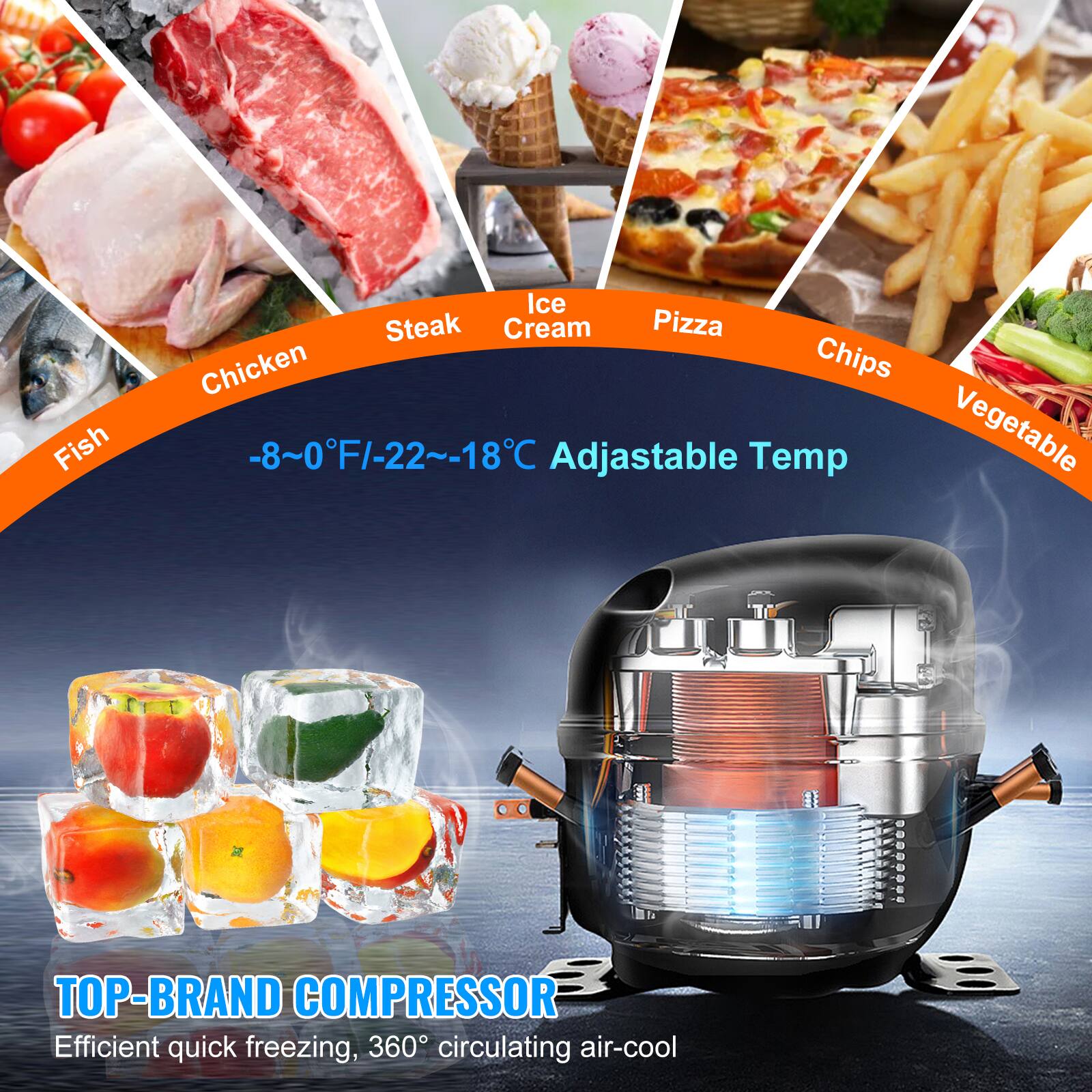 Fish Ice Steak Cream Pizza Chicken Chips -8~0°F/-22~-18°C Adjustable Temp Vegetable

TOP-BRAND COMPRESSOR
Efficient quick freezing, 360° circulating air-cool